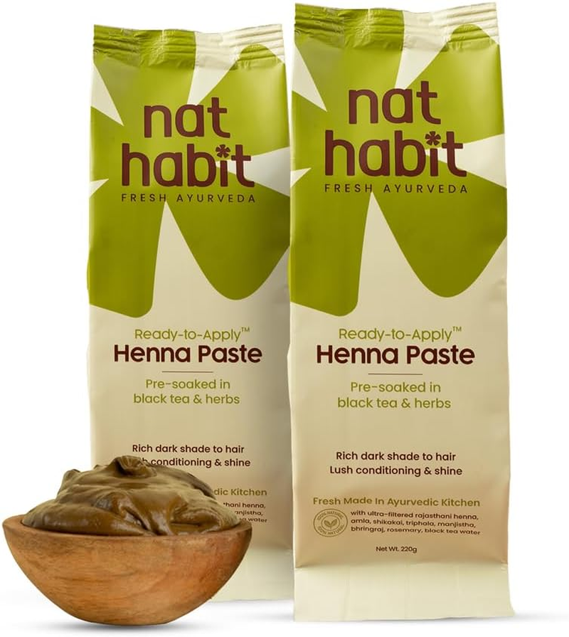 Nat Habit - Fresh Ready to Apply Henna Paste, Pre-Soaked in Black Tea and Herbs,100% Natural Rajasthani Henna, Imparts Rich Brown Shade (Pack of 2 X 220G)
