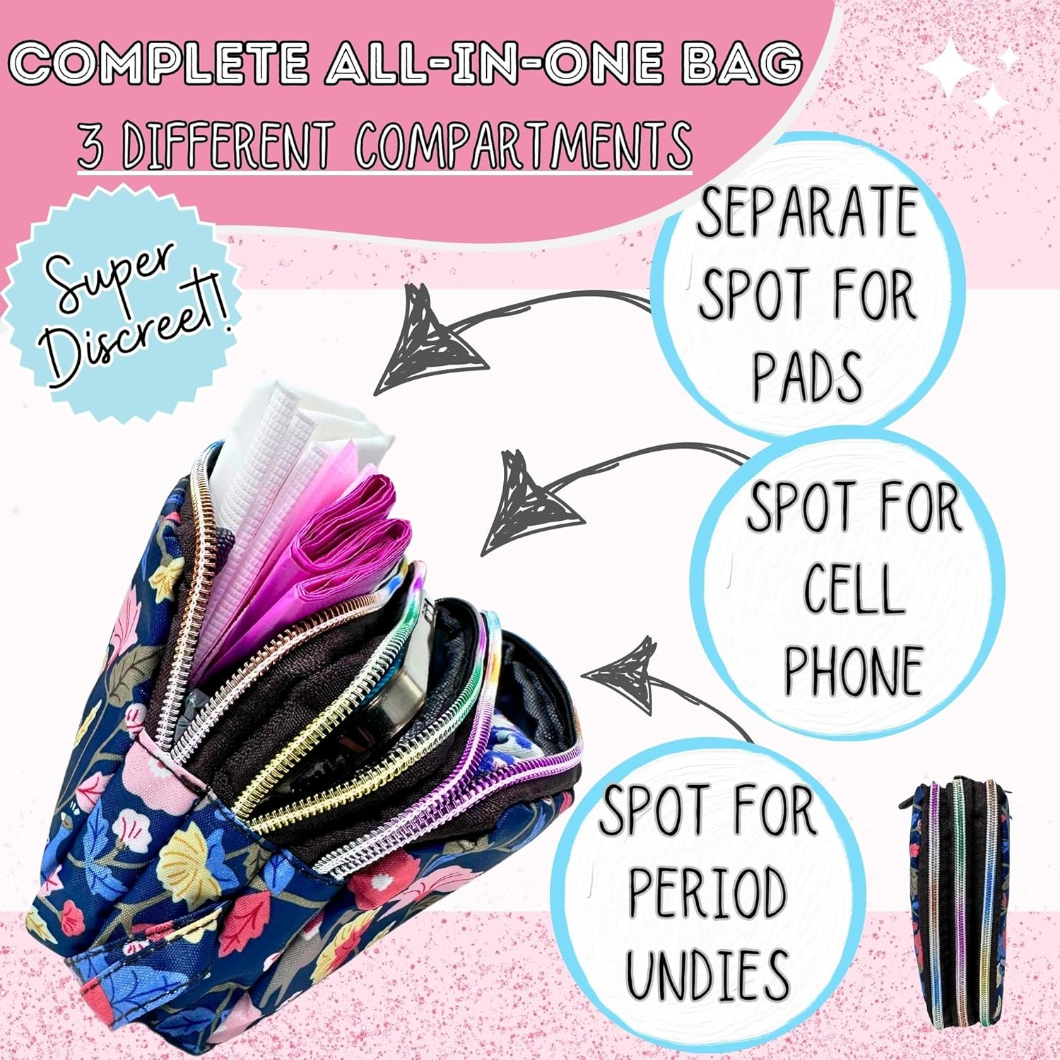 First Period Pal Pack To-Go Kit | 26 Pcs | First Period Kit for Tweens | Teen Period Kit| Discrete Period Bag, Pads, Panty Liners, Period Kits for Tweens 10-12 (Florets) image number 6