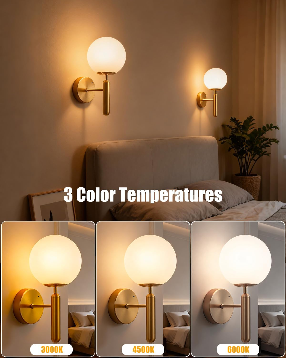 Battery Operated Wall Sconces Set of 2, Rechargeable Wireless Battery Wall Lights with 6000Mah Dimmable RGB Bulbs, 16 Colors Gold Wall Lamps with Remote for Bedroom Living Room Hallway image number 2
