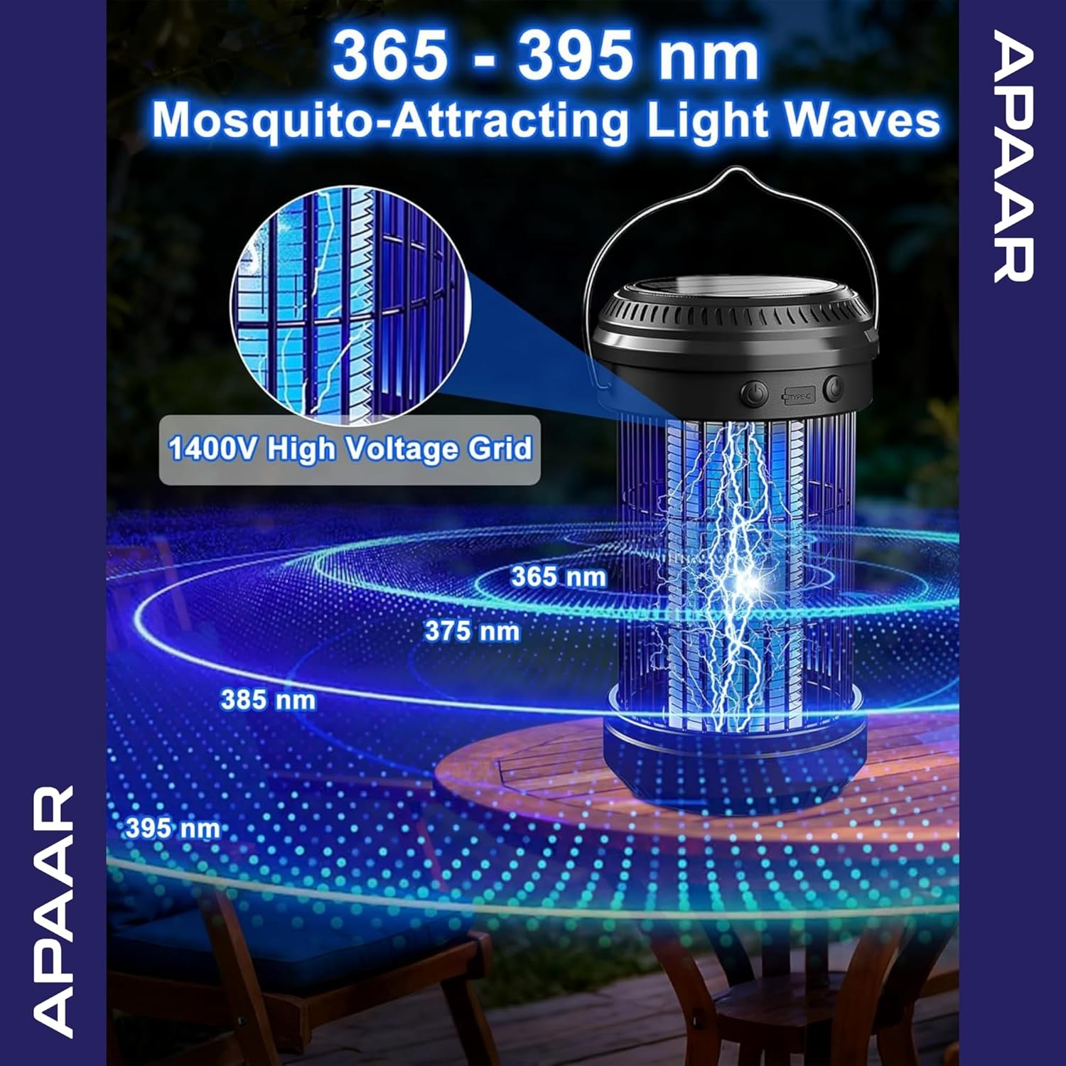 Bug Zapper &ndash; Solar & USB Rechargeable Insect Killer Lamp, Black&ndash; 5W UV Light with 4200V High Voltage Grid &ndash; Portable Indoor/Outdoor Mosquito Trap for Home, Patio, Garden & Camping image number 1