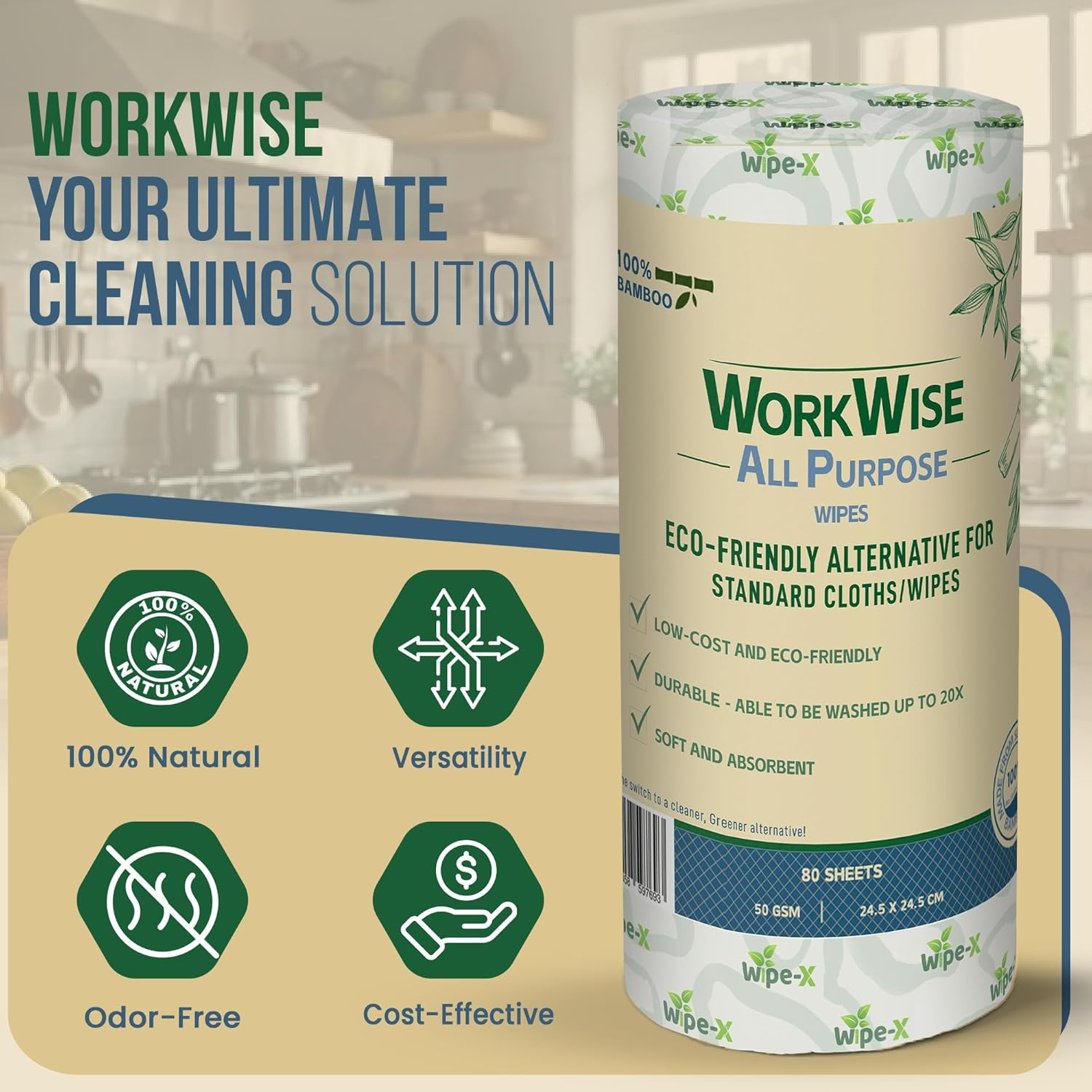 Workwise All Purpose Heavy Duty Cleaning Wipes &ndash; Washable, Biodegradable & Eco-Friendly, Low Lint, Plastic-Free &ndash; Ideal for Workshops, Kitchens, Industrial & Home Use &ndash; 100% Australian Owned