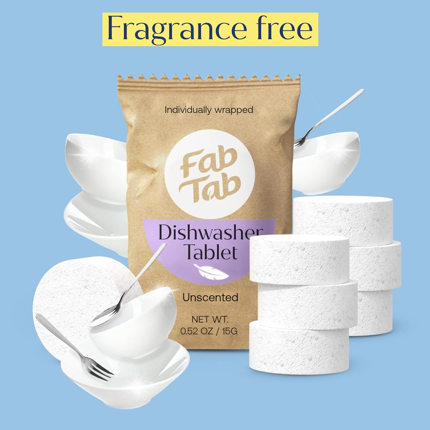 Fab Tab Dishwasher Tablets, Unscented, a Plastic Free Dishwasher Pod Alternative, Powers through Grease, Leaves No Residue, Safe for the Whole Family, Individually Wrapped image number 6