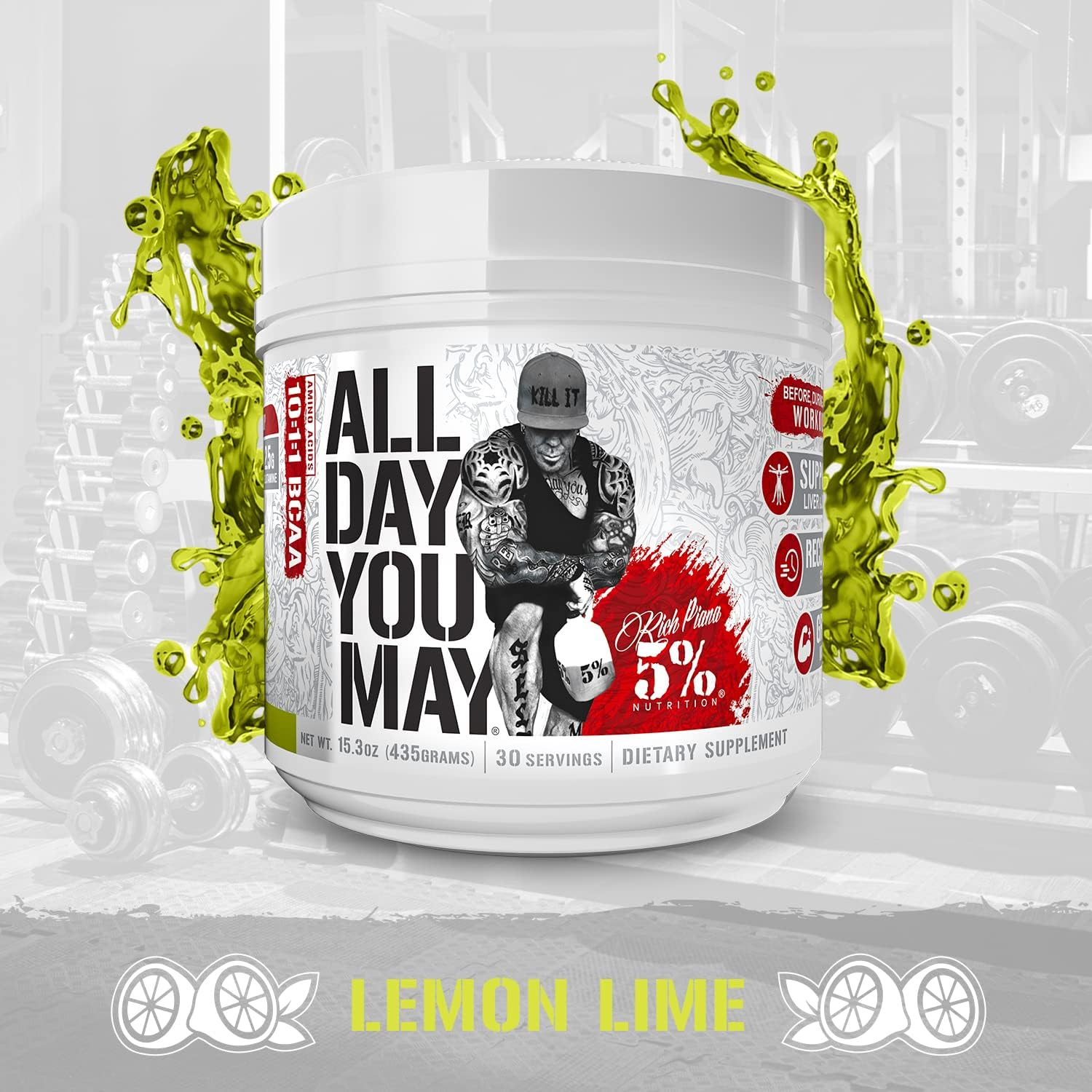 Rich Piana 5% Nutrition All Day You May - Lemon-Lime Flavour - 10:1:1 BCAA Post Workout Muscle & Joint Recovery Drink Supplement Powder, Essential Amino Acids, Sugar-Free, 435G, 30 Servings image number 5