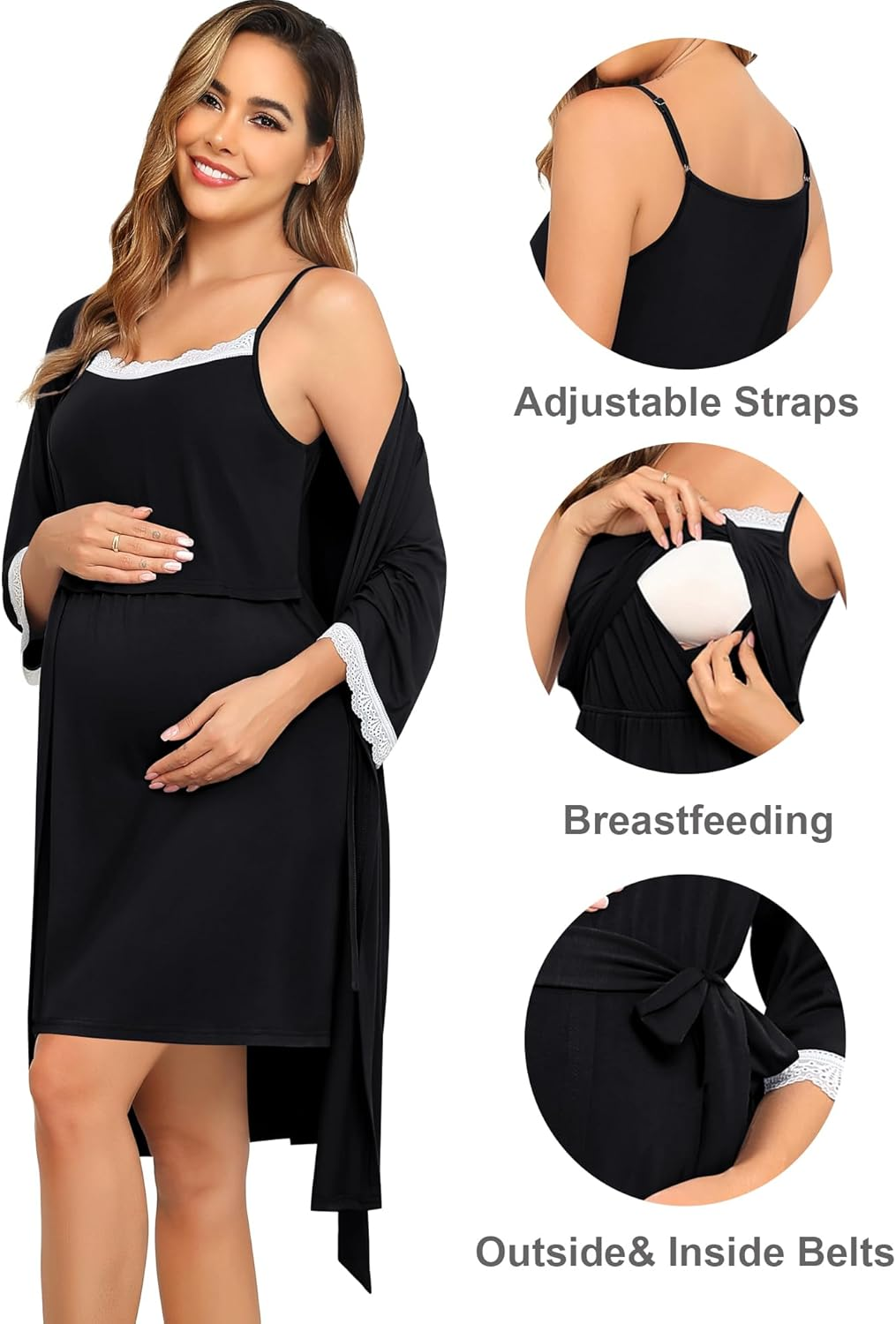 SWOMOG Lace Maternity Nursing Gown and Robe Set Double Layer Labor Delivery Nursing Hospital Nightgowns for Breastfeeding image number 4