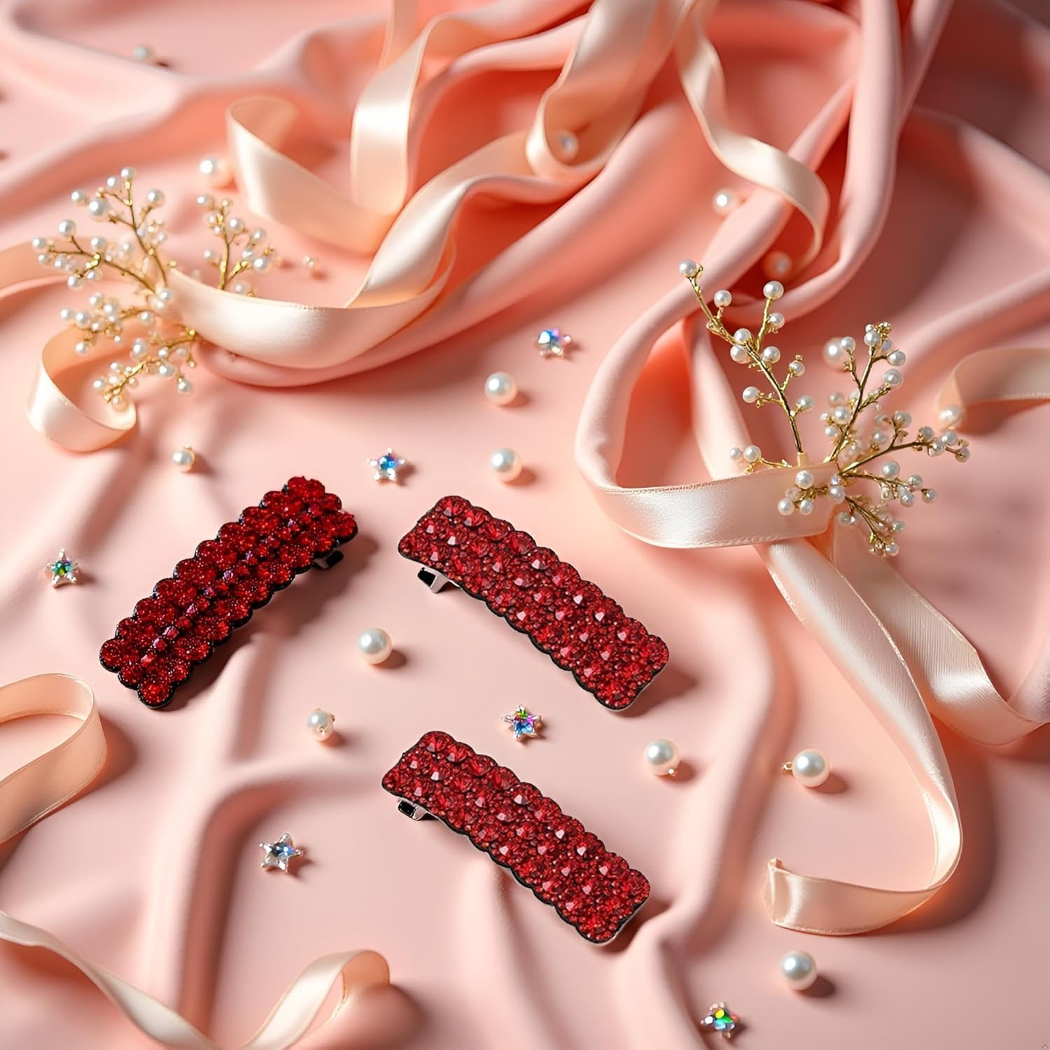 2Pcs Rhinestone Hair Clips, Red Rectangular Barrettes, Korean Style Wedding Hair Accessories for Women Girls image number 3