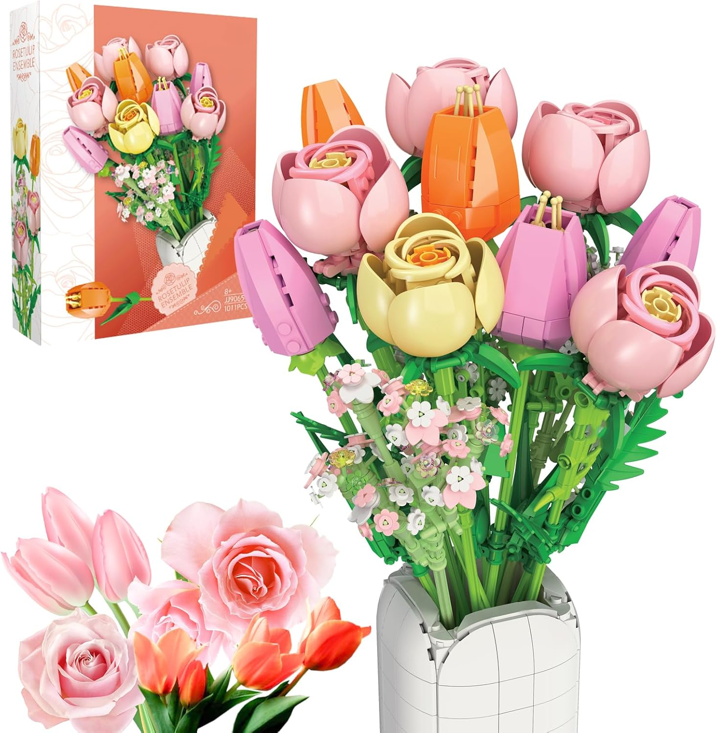 Flowers Bouquet Building Set with Tulips Daisies -1250 PCS Flower Model with Vase for Home Office Decor, Gifts for Mother'S Day Women'S Day Birthdays
