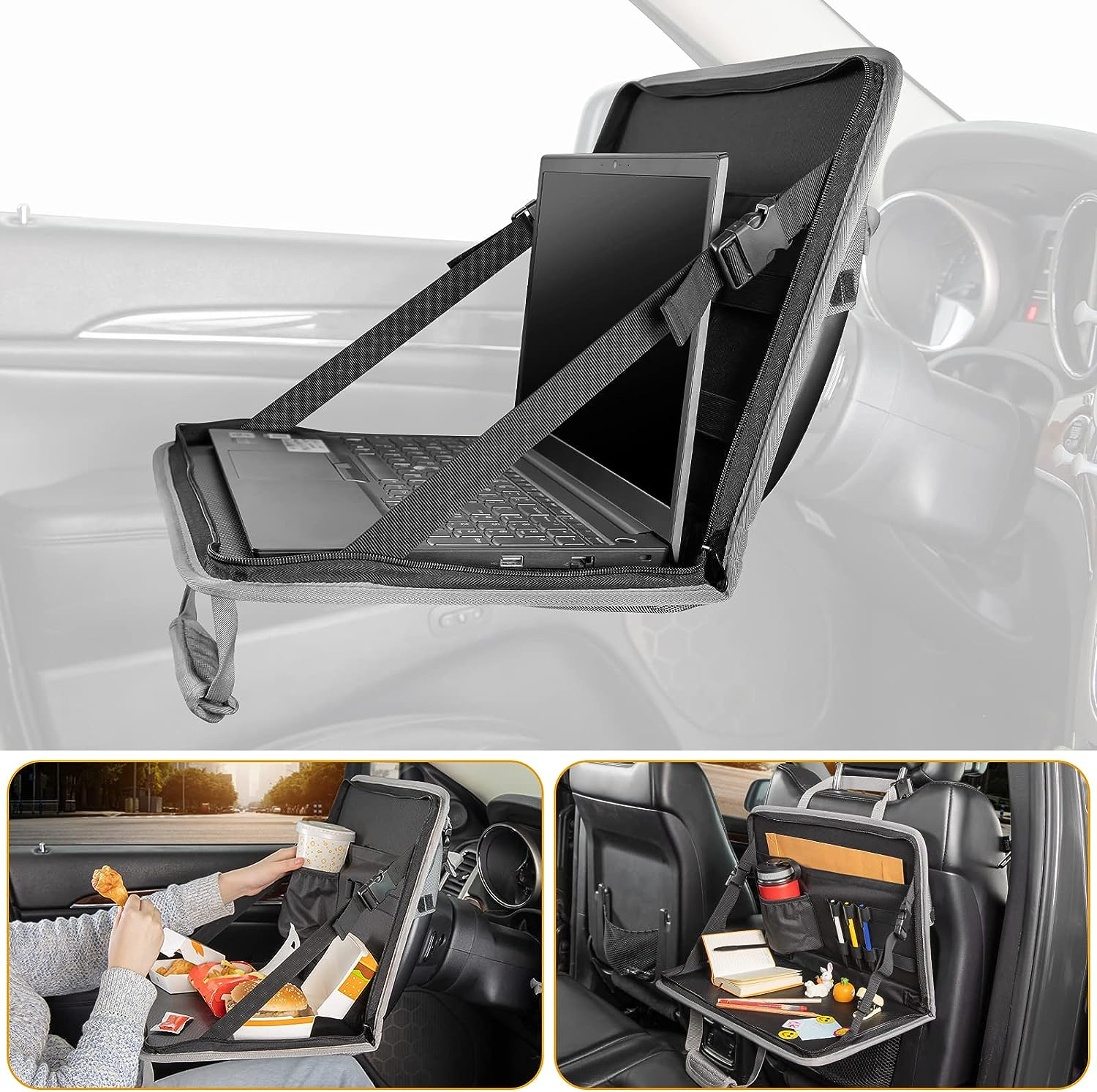 JOYTUTUS 3 in 1 Steering Wheel Eating Tray, Car Back Seat Laptop Desk, Multifunctional Office Bag, Car Work Table for Writing, Car Organizer for Kids, Commuters, Family