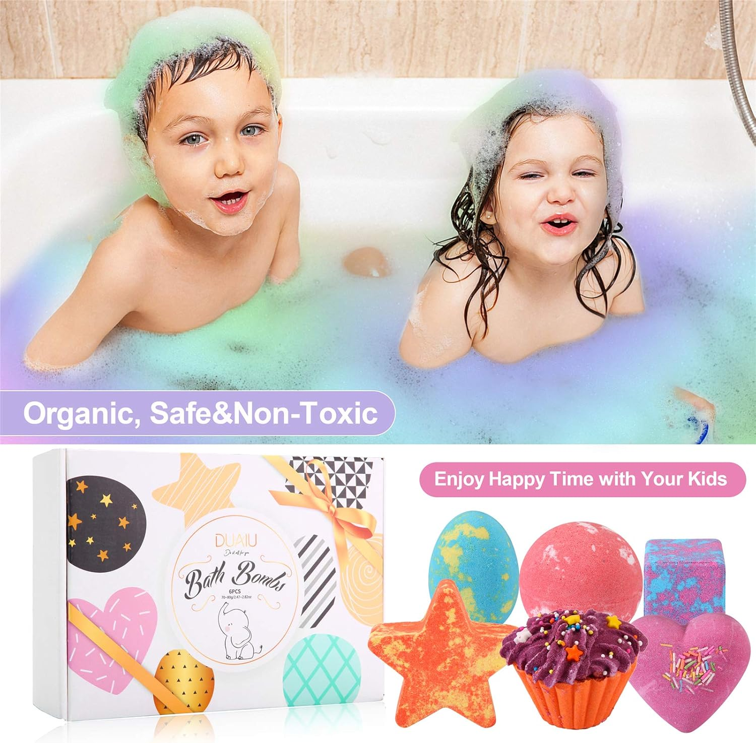 DUAIU 6Pcs Fizzy Bubble Bath Bombs for Kids & Women - Organic Natural Kids Bath Bomb Gift Set with Essential Oils, Fruit Fragrance and a Bathing Mesh Ball image number 3