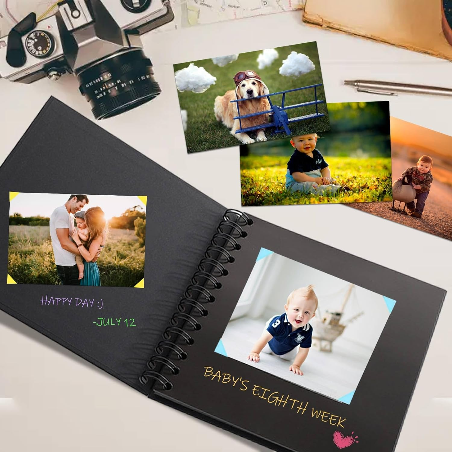 2 Pack Scrapbook Photo Album, 230Gsm Black Square Scrap Book with Colored Pencil and Corner Sticker - Ideal for Kids Adullts Baby Scrapbooking Arts Crafts Travel Adventure Couples DIY - Black image number 3