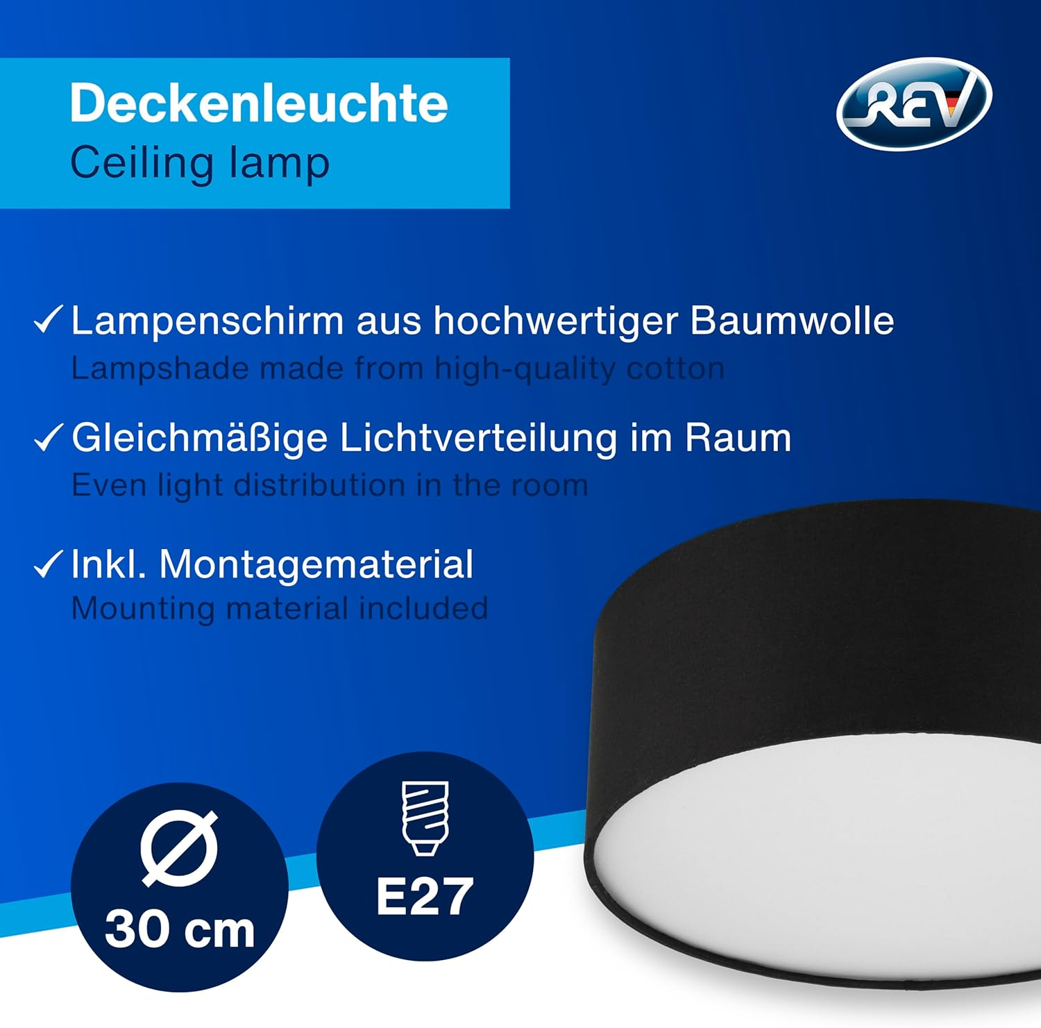 REV Ceiling Lamp round 30Cm with Fabric Shade in Modern Style - Ideal for Bedrooms, Living Rooms and Children'S Bedrooms, Black image number 5