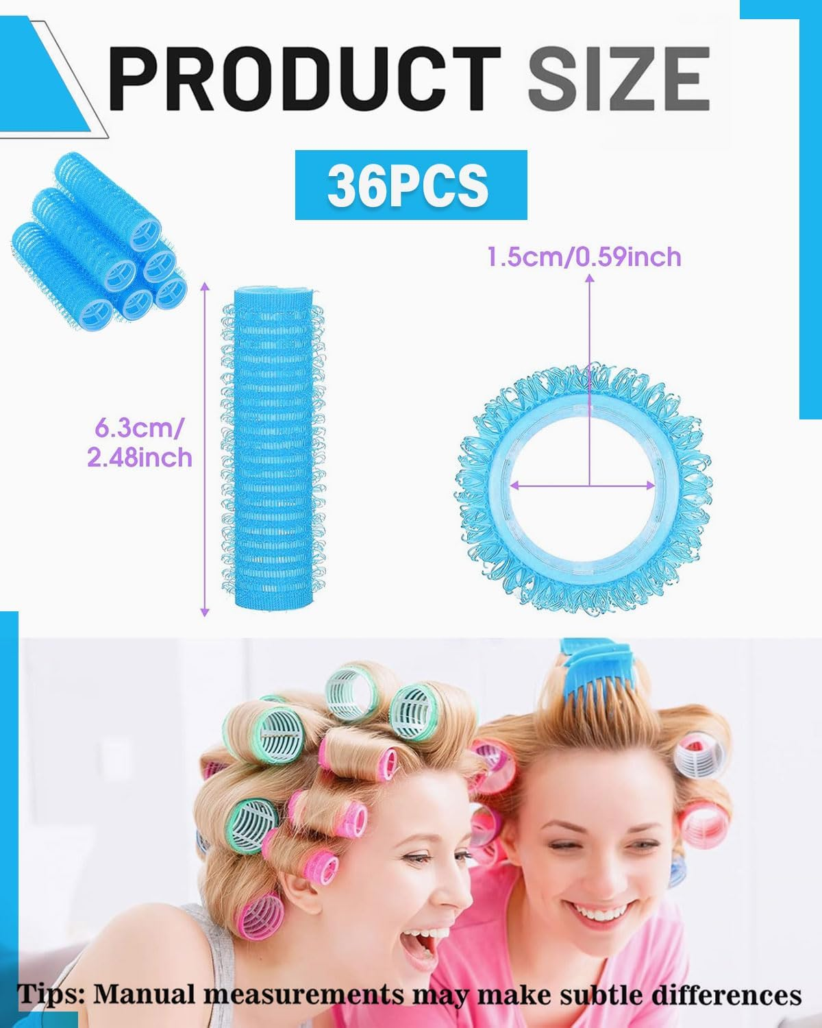 TPZORJX 37 Pieces Manual Hair Rollers Self Adhesive Hair Rollers for Salon Barber Shop Rat Tail Combs DIY Curlers with Steel Pin Combs (Blue) image number 3