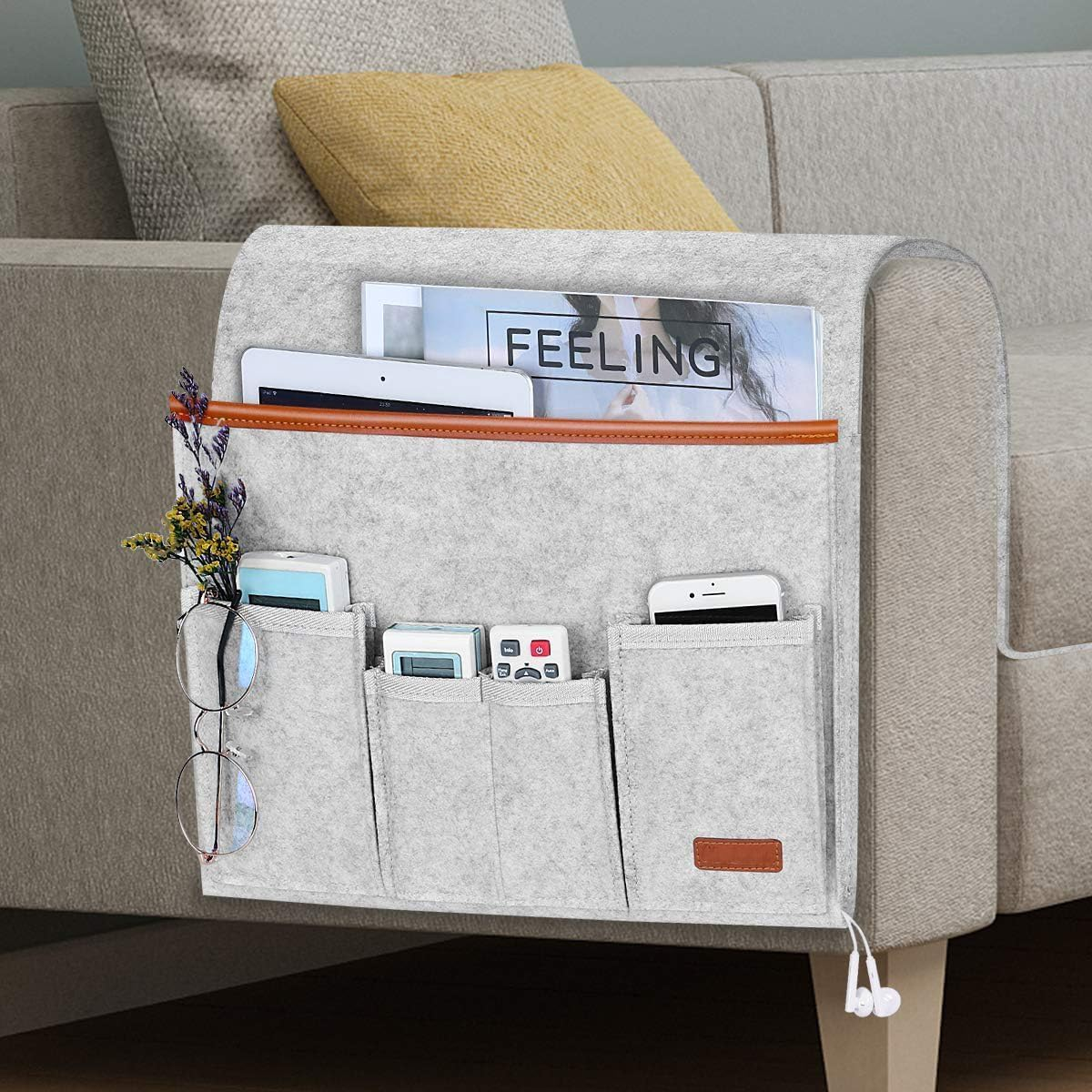 Sofa Armrest Organizer, Hanging Sofa Caddy Storage Bag with Long Flap and Hook, Sofa Remote Control Holder Bag with 5 Pockets for Magazine, Glasses, Tablet, Phone, Ipad, Non-Slip (Grey)