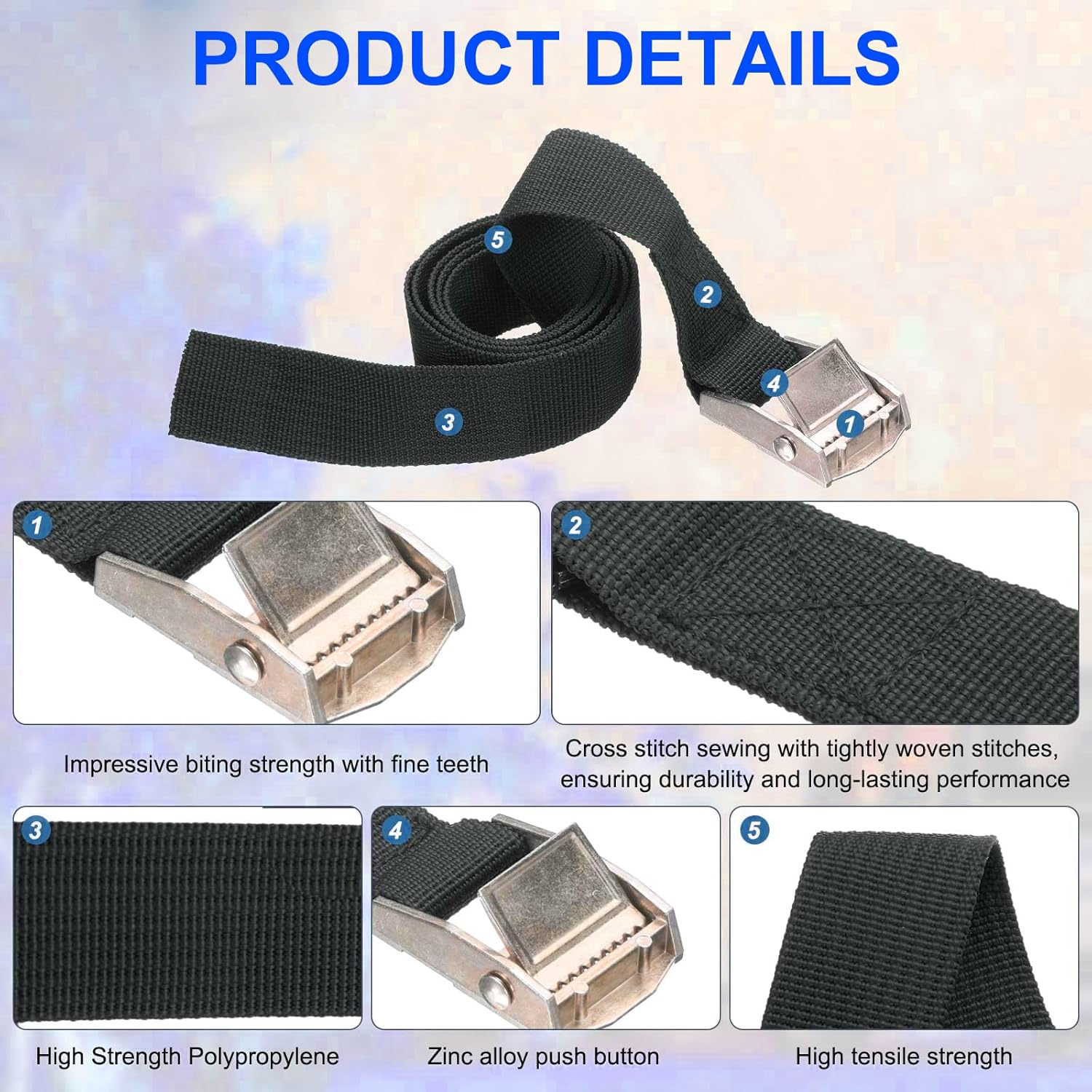Lashing Straps, 2PCS Tie down Straps, 2.5Cm X 3 M Adjustable Cam Buckle Straps, Heavy Duty Secure Straps up to 260Lbs for Motorcycle, Cargo, Trucks,Trailer,Luggage image number 5