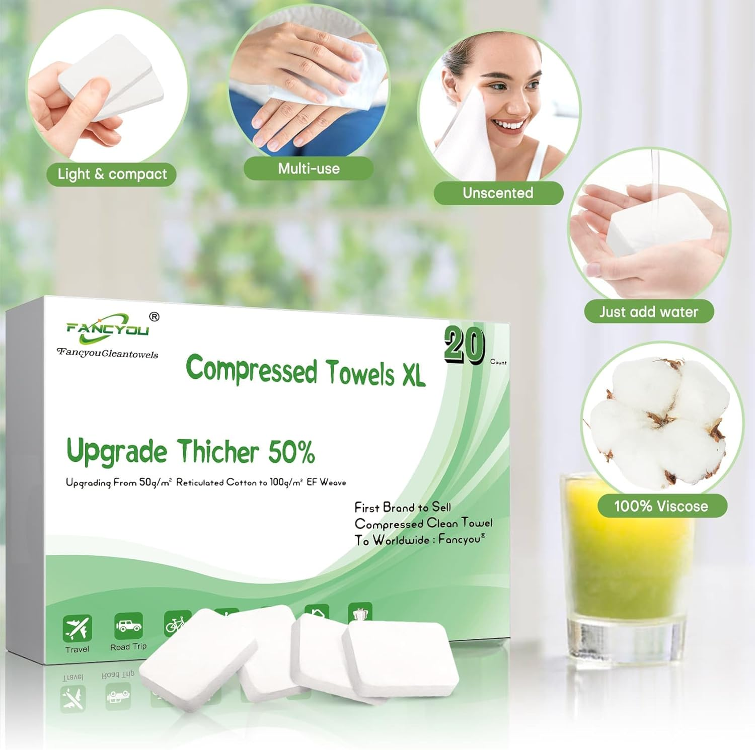 Fancyou Compressed Disposable Face Towel Large,Soft Facial Cleansing Cloths Towelettes,Thicken Washcloth Compact Portable Wash Cotton Wipes Tablets for Beauty Salon,Personal Care,Travel(20Pcs Green) image number 4