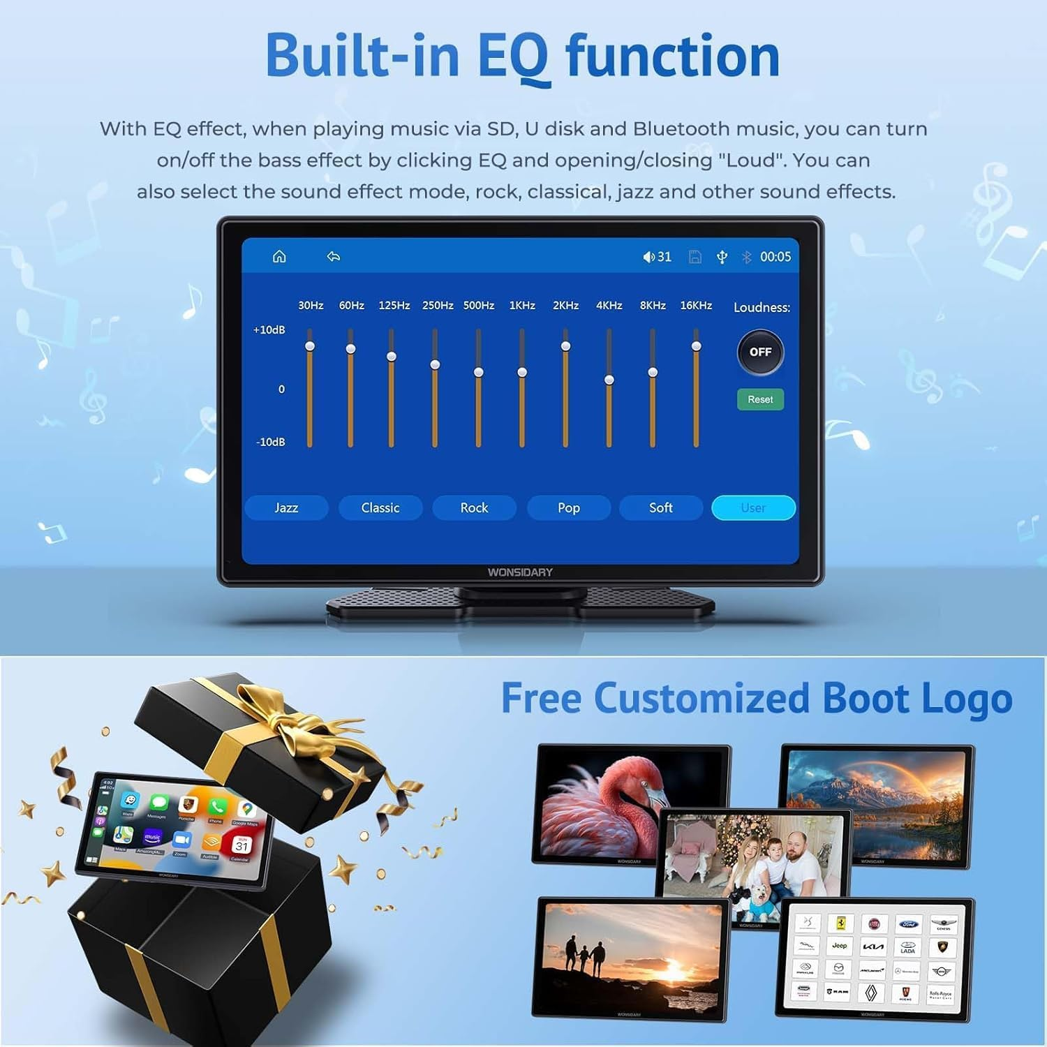 Wonsidary 9" Carplay Screen for Car,Wireless/Wired Apple Carplay,Android Auto and Mirror Link,Ips Touch Screen Portable Car Stereo with Light Sensitive,Bluetooth Audio,Siri,Navigation for All Vehicles