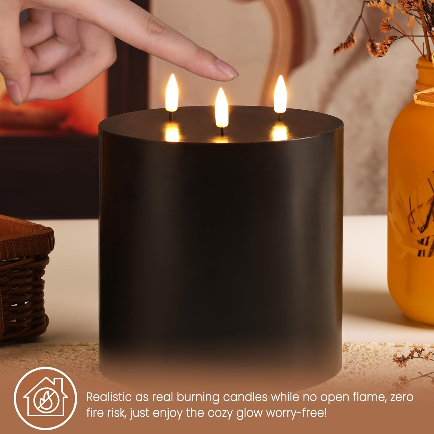 3 Wick Black Flameless Candle with Remote, Large Halloween LED Pillar Candle, Battery Operated Candle 6X6 Inch image number 3