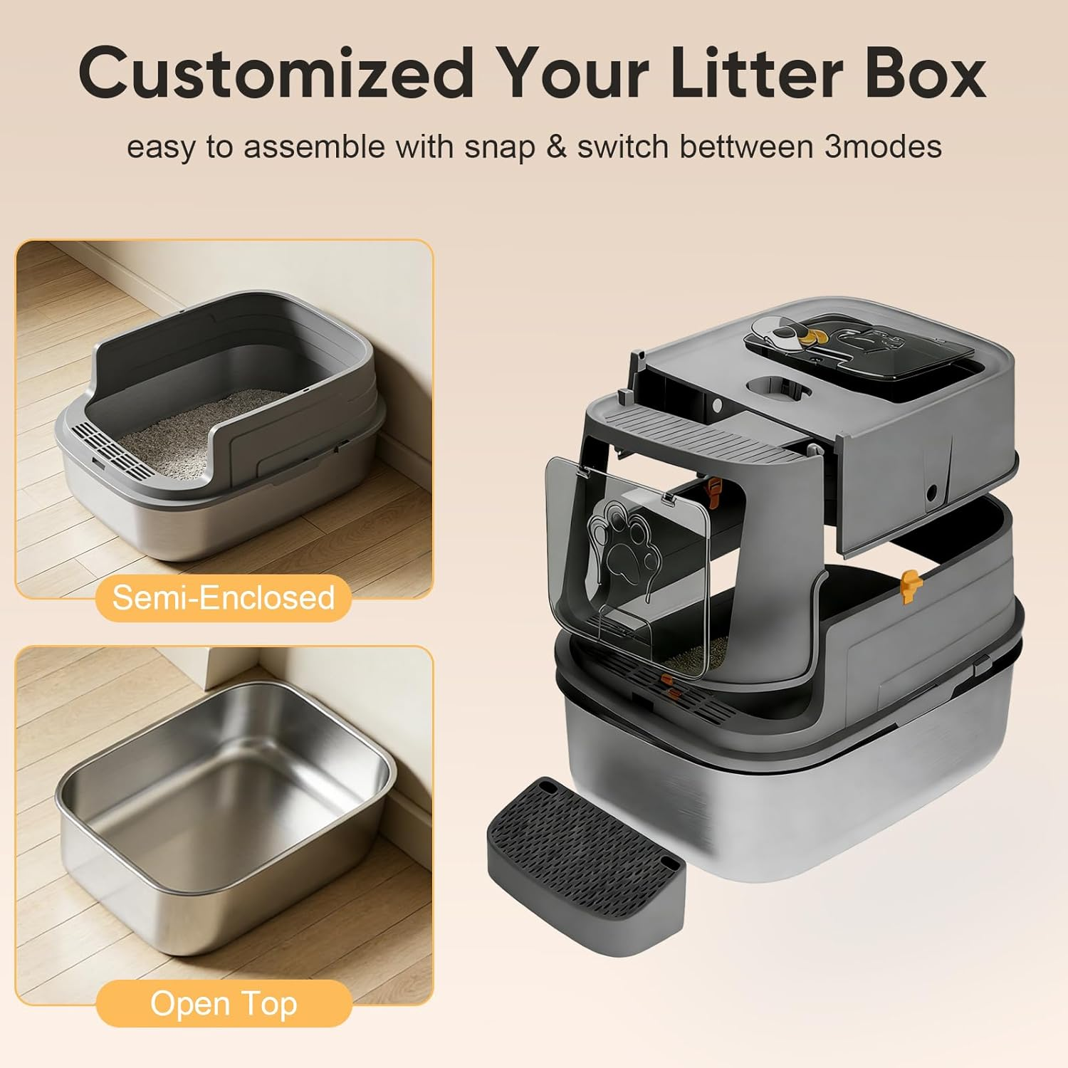 XL Large Stainless Steel Cat Litter Box with Lid &ndash; Modular Enclosed High Sided Design, Leak Proof Cat Litter Tray with Dual Entry, Includes Non-Slip Step, Easy Clean for Big Cats & Multi-Cat Homes image number 5