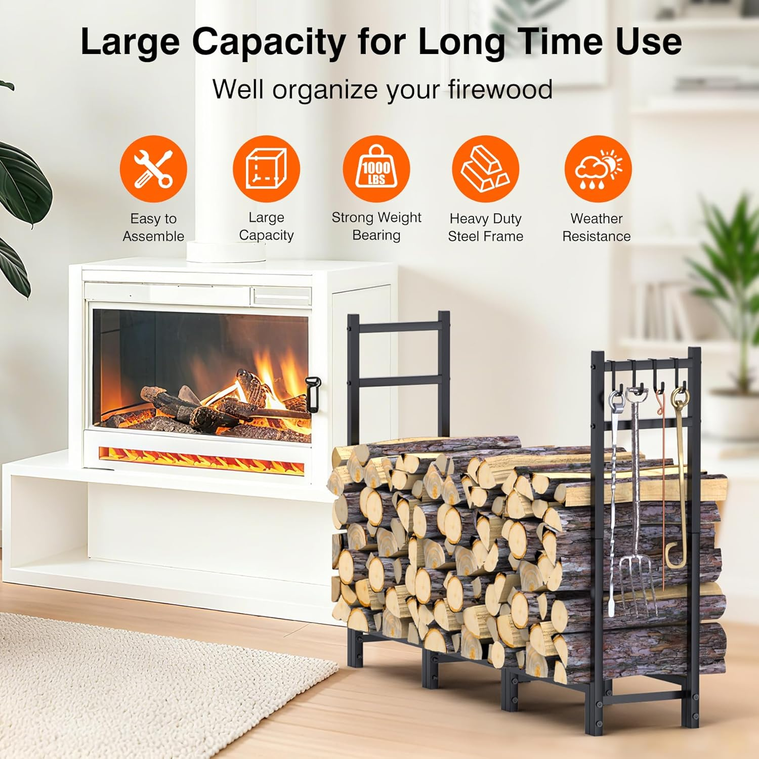 Firewood Rack, Heavy Duty Big Fireplace Rack, 44.7"L X 31.5"H Folding Firewood Storage Log Rack with 4 Hooks, Adjustable Fireplace Log Rack for Wood Storage,Keeps Firewood Neat,Drying-Not Include Wood image number 1