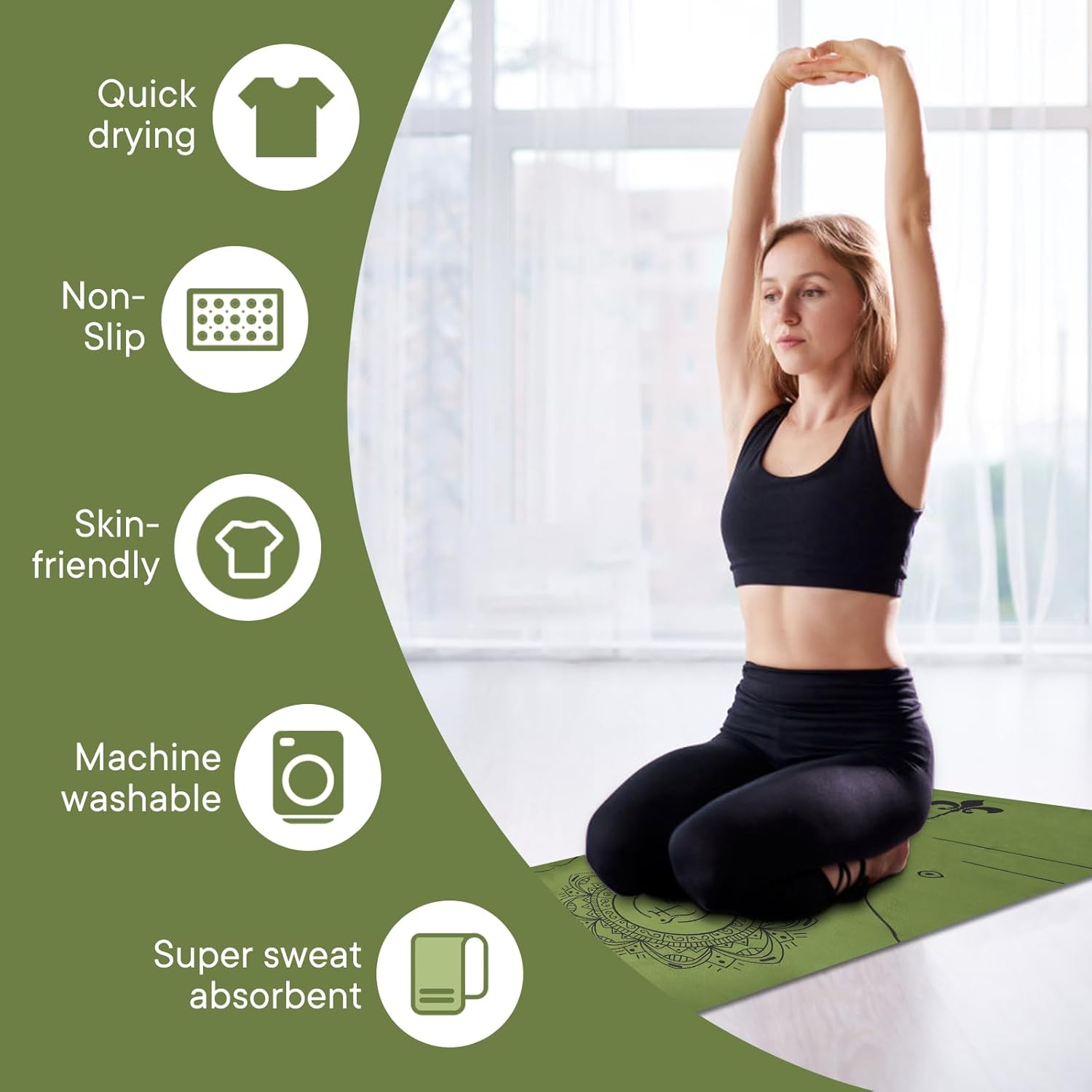 Yoga Towels, Non Slip Hot Yoga Mat Towel with Grip Dots,Super-Absorbent Soft Microfiber Yoga Blanket for Pilates, Fitness and Workout 72Inch X 24Inch Green - Green image number 4