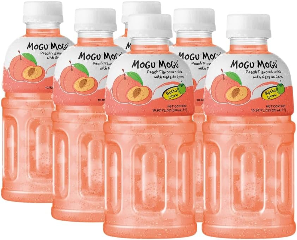 Mogu Mogu Peach Flavoured Fruit Drink with Nata De Coco | Refreshing Asian Drink with Chewy Coconut Jelly | Tropical Sweet Peach Juice Alternative | Fun Texture & Hydrating Drink | 320Ml Bottles | 6 Pack