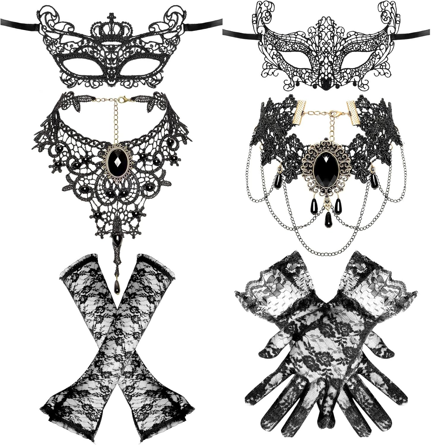 6 Pcs Masqueraders Mask Set Black Lace Eyemask Necklace Gloves Costume Accessories Party Halloween Jewelry for Women