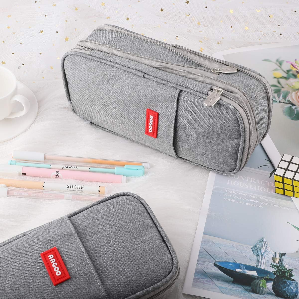 Isuperb Pencil Case Large Capacity Student Canvas Pencil Case Storage Bag Double Zipper Pencil Box for School, Light Grey, Modern