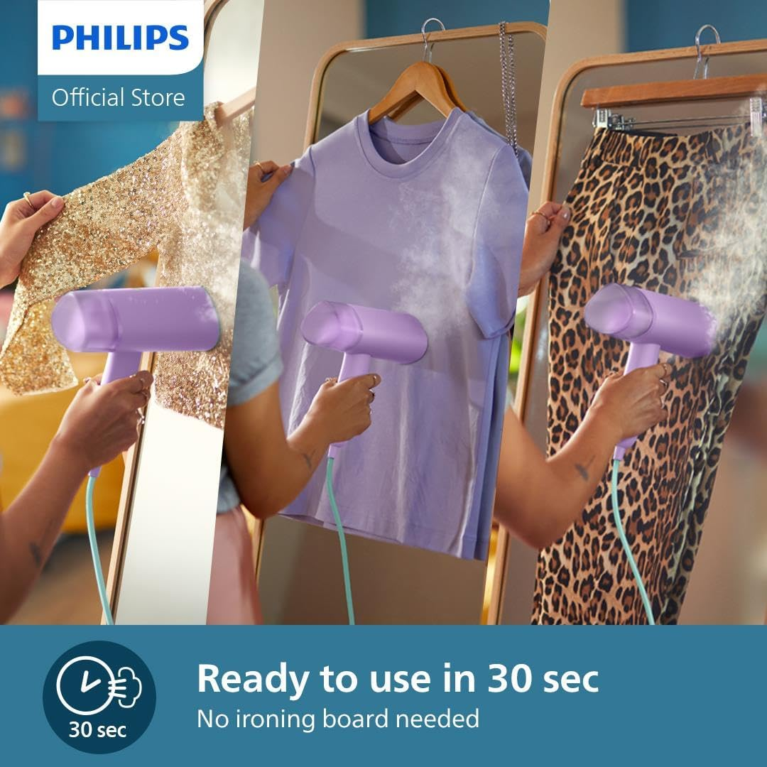 Philips 3000 Series Handheld Steamer - 1000W, 20G/Min Steam, Detachable 100Ml Water Tank, Plastic Plate, Storage Pouch, 630 G Light Weight, Compact and Foldable, Purple (STH3010/30) - Light Green image number 6