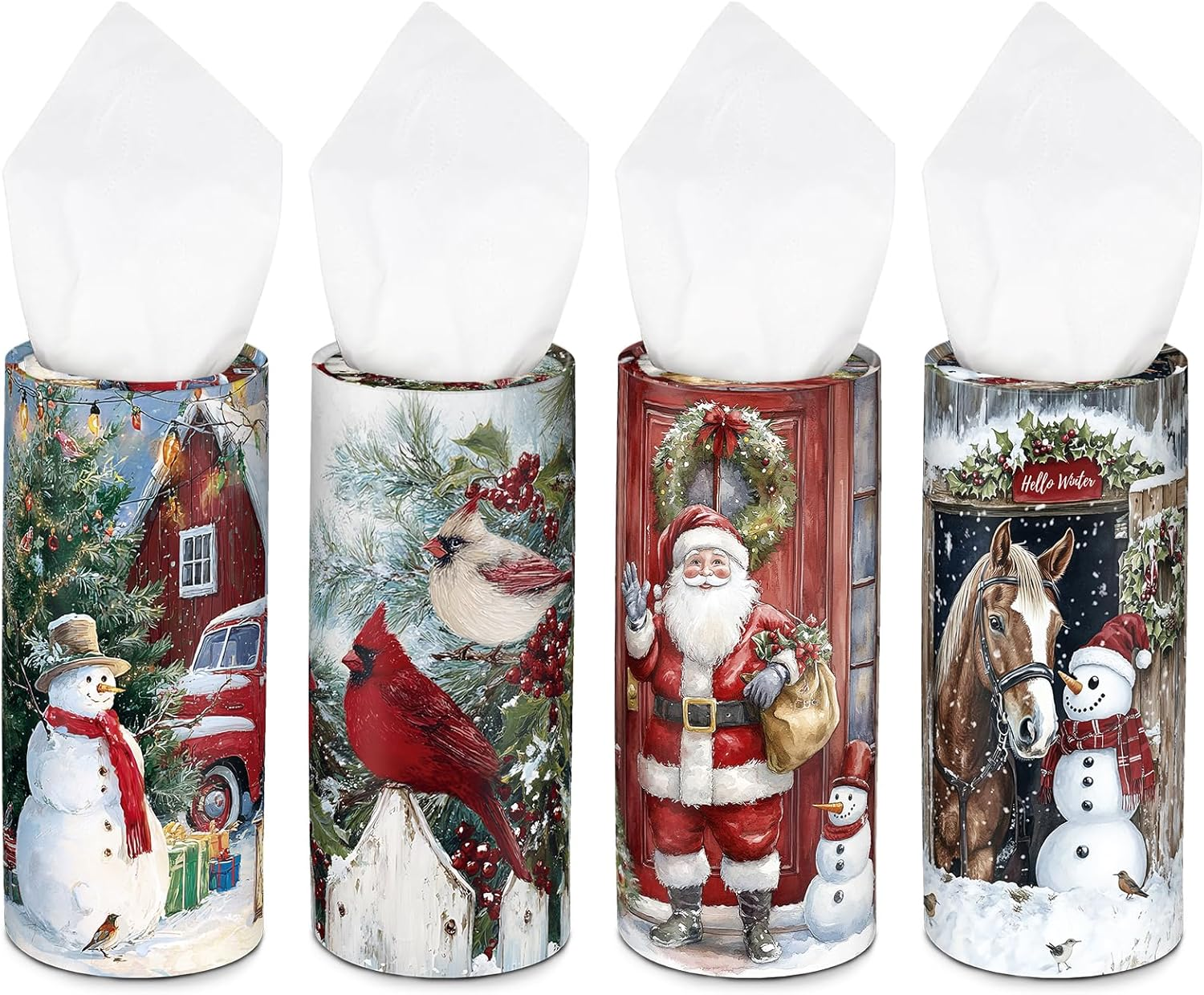 4 Pcs Christmas Car Tissue Holders with Facial Tissues, round Boxes with Festive Santa, Cardinal, Horse, and Snowman Designs, Winter Holiday Essentials for Car, Home, and Office