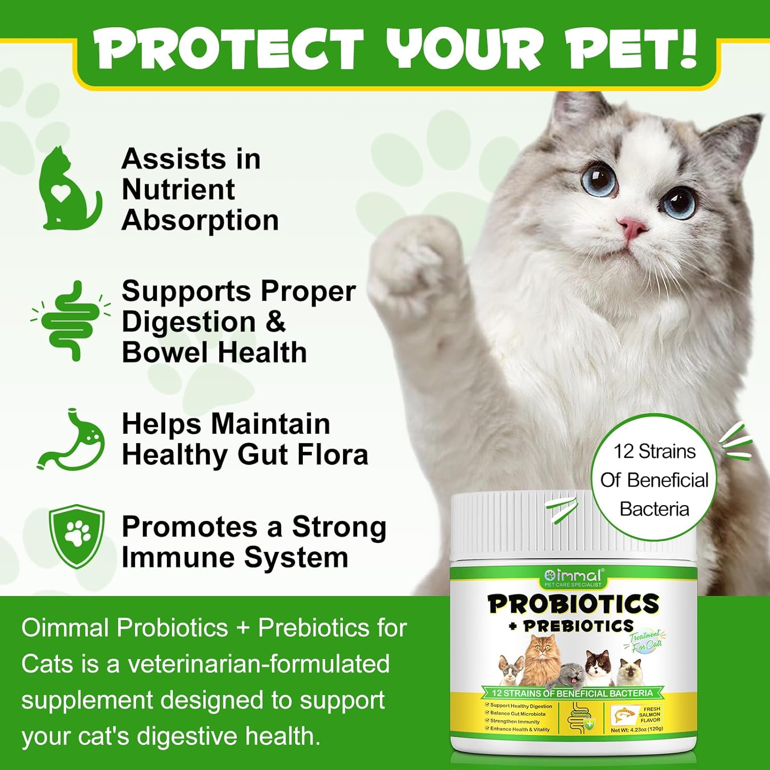 Probiotics for Cats | Cat Probiotic Power | 12 Strains Prebiotics | Fresh Salmon-Flavored Digestive Powder Supplement | 5 Billion Cfus | Gut Health Support | for All Ages and Breeds | 120G image number 3