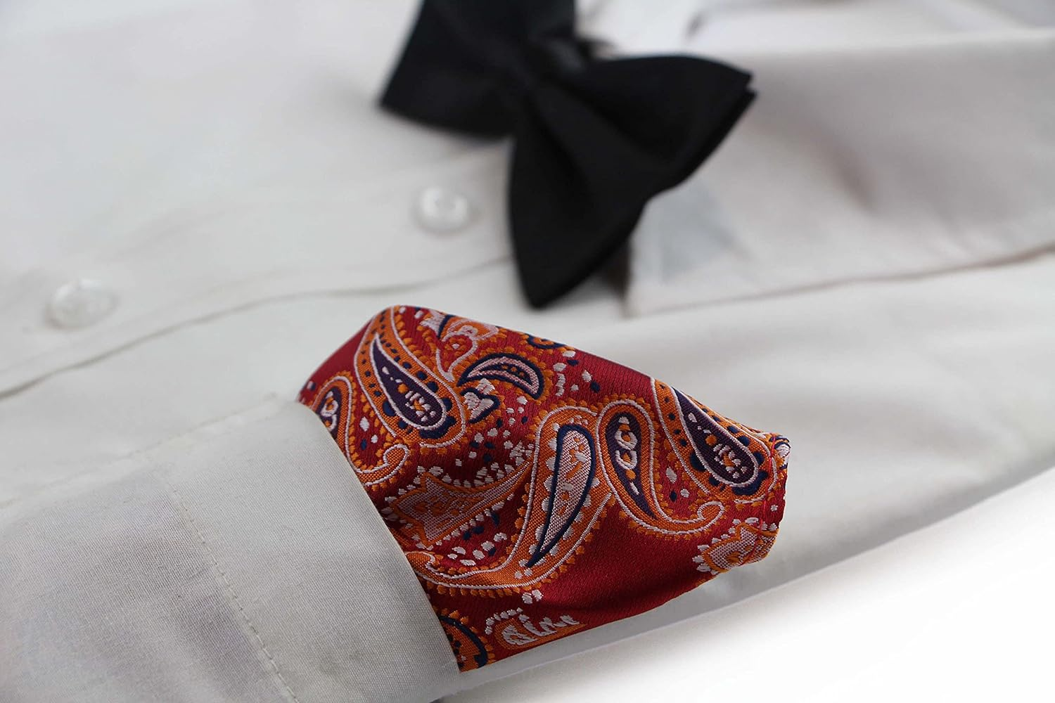 Mens Red & Orange Paisley Silk Pocket Square Red, Orange, Black, Silver