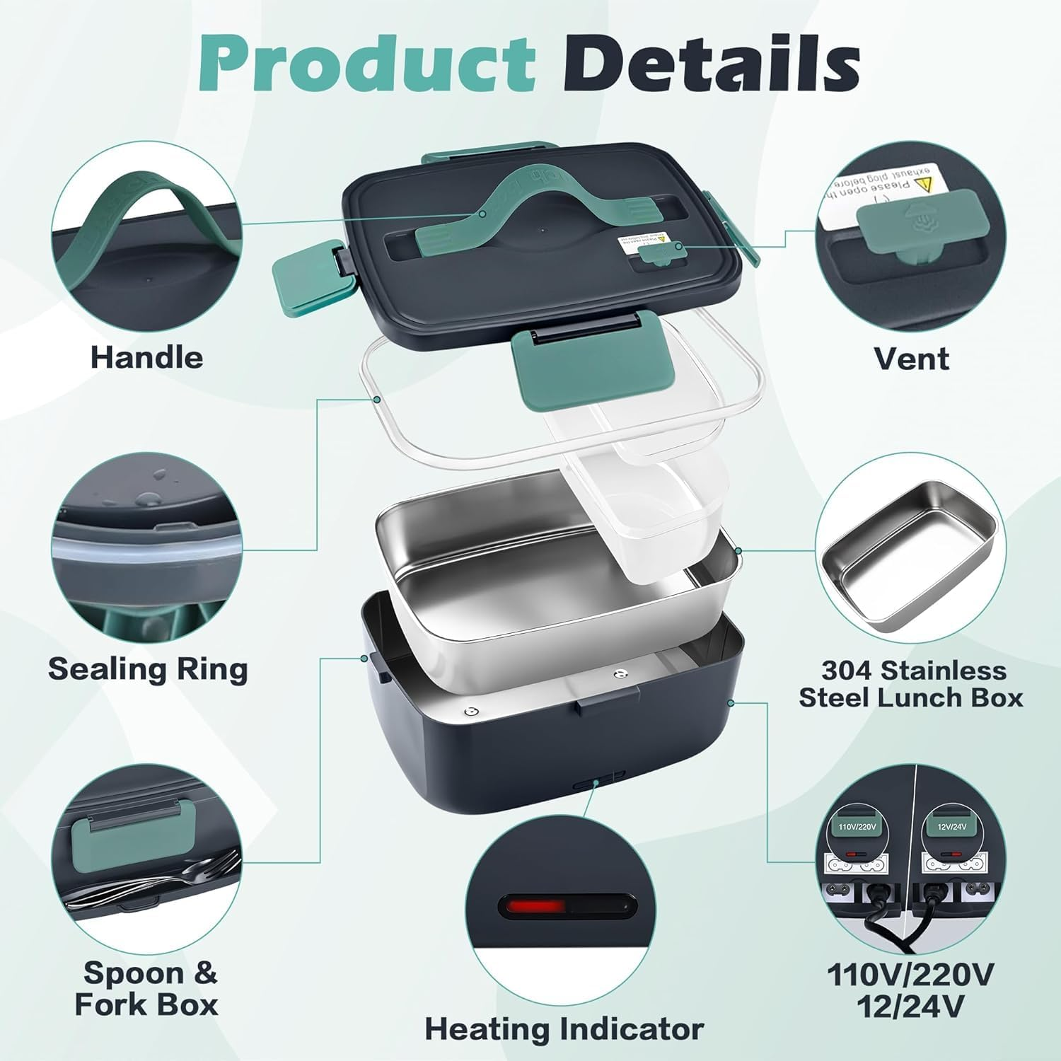 Electric Heated Lunch Box - 2L Portable Food Warmer Lunchbox for Adults Work, Men Women Warming Hot Lunch Box, Stainless Steel Heater Container with Fork Spoon Carry Bag image number 2