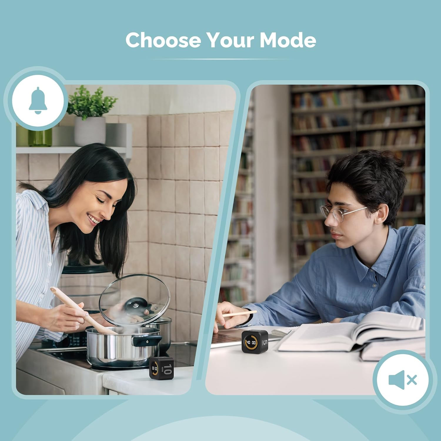 KADAMS Rotating Visual Timer Productivity Pomodoro Cube, 5/10/25/50 Min Countdown Customizable Stopwatch Silent Mode &ndash; Ideal for Work, Study, Cook Workout Kitchen School Classroom, Office Black - White image number 2