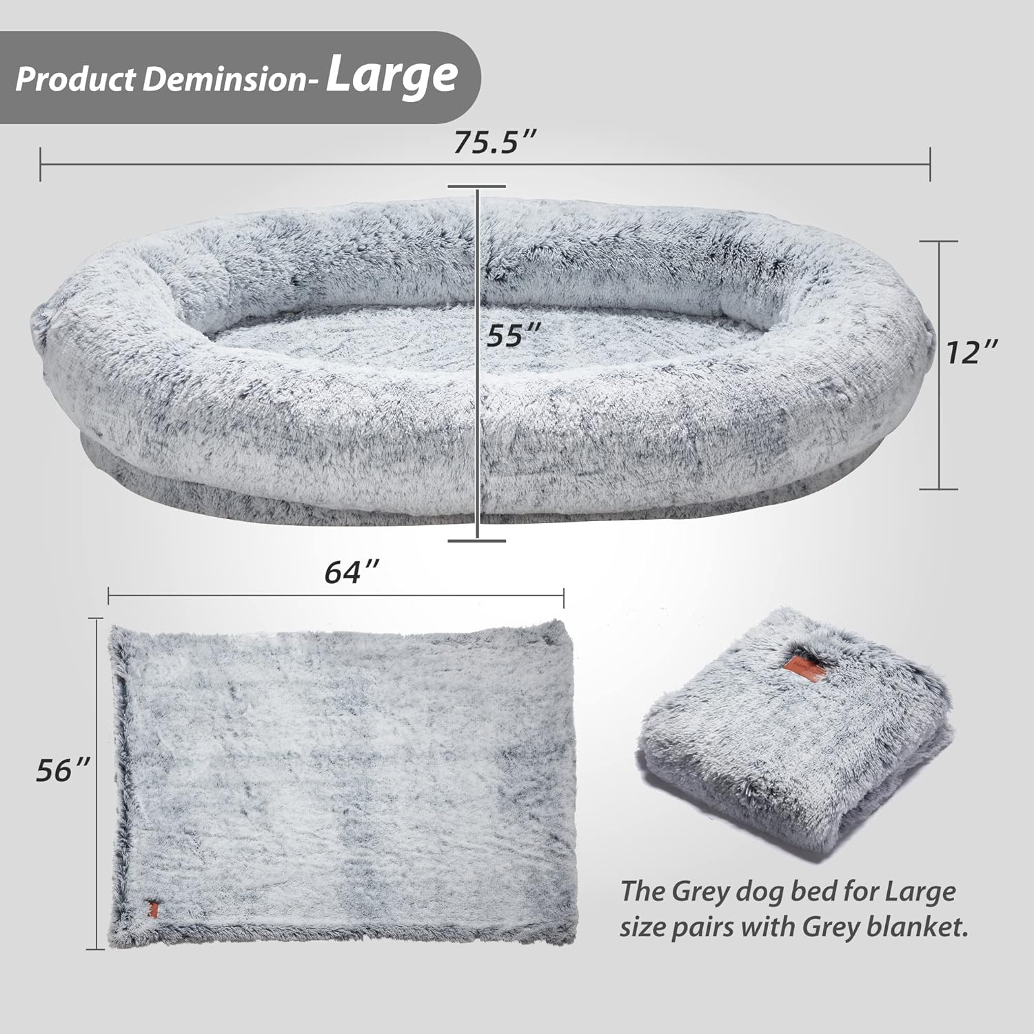 Homguava Large Human Dog Bed 75.5''X55''X12'' Bean Bag for Humans Giant Beanbag with Blanket People, Families, Pets (Grey Plush) image number 4