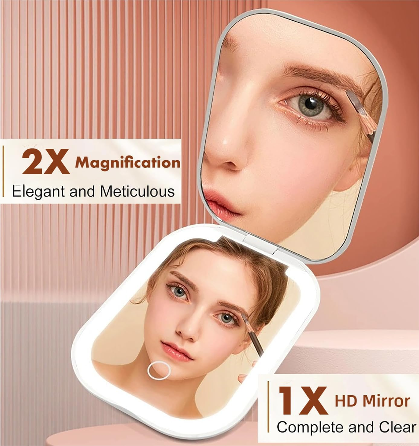 ECOMUSE Travel Mirror with Light and Magnification 1X/2X,Compact Mirror with 3 Color Lights,Touch Sensor Dimming,Rechargeable Portable Mirror for Purse,2-Sided, Handheld, Folding, White image number 3