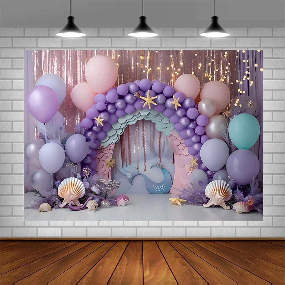 AIBIIN 7X5Ft Purple Balloons for Girls Birthday Ocean Shells Princess Cake Smash Party Banner Portrait Photo Props image number 3