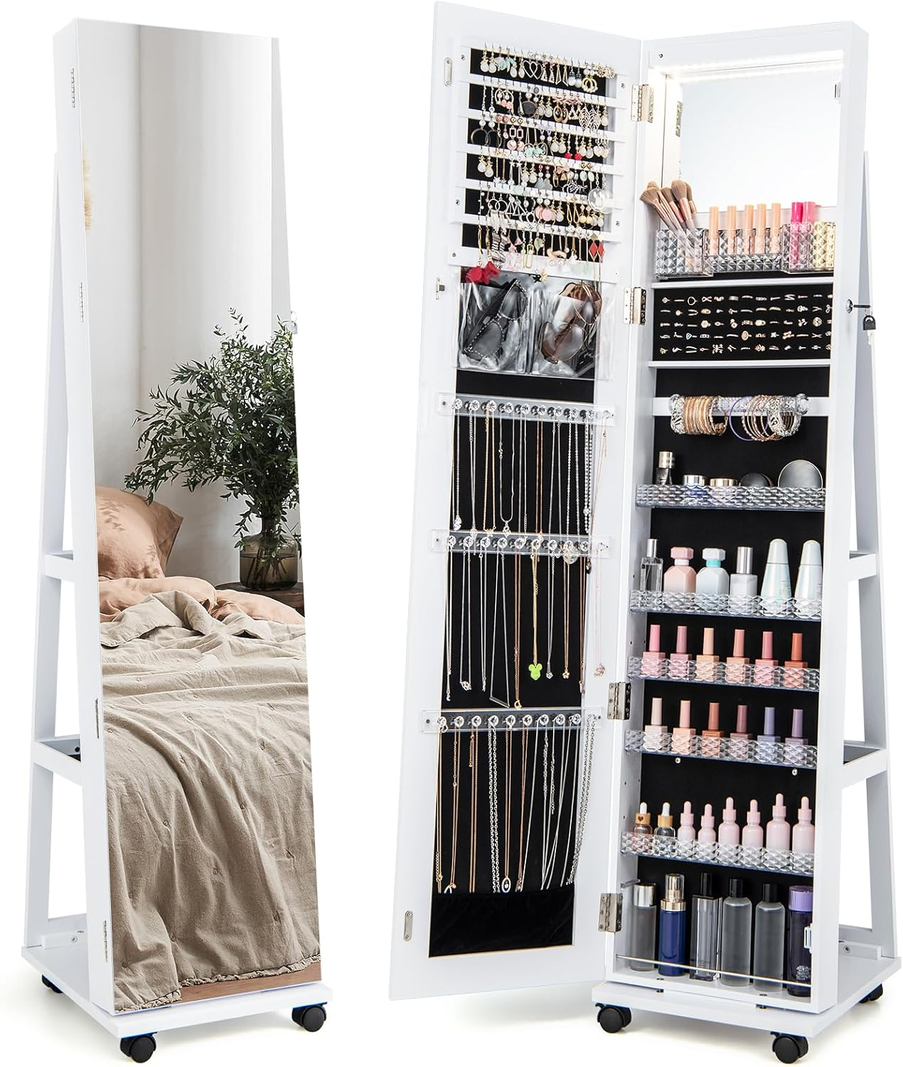 Costway Mirror Standing Jewelry Organizer, Cosmetic Storage Organizer with Lock, 3 Color LED Lights, Built-In Vanity Mirror, Universal Wheels, Freestanding Makeup Storage Cabinet image number 4
