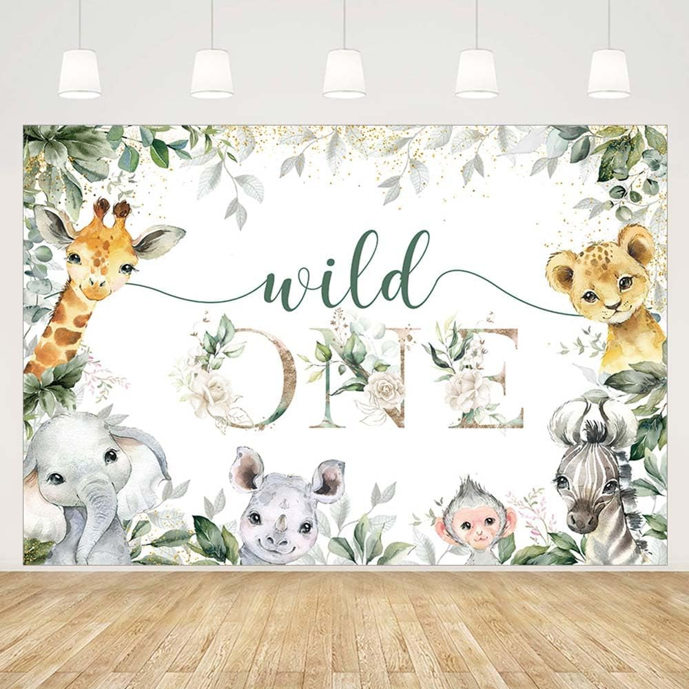 MEHOFOND Boys Girls 1St Birthday Backdrop Cute Wild Animal Eucalyptus Leaves Flowers Photography Backdrop Cake Smash Birthday Party Decoration Banner image number 3