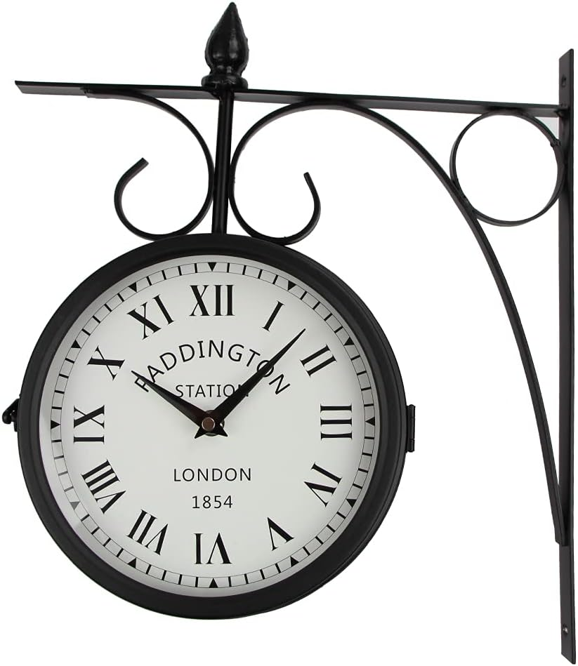 Wrought Iron Antique-Look Brown round Wall Hanging Double Sided Two Faces Retro Station Clock round Chandelier Wall Hanging Clock with Scroll Wall Side Mount Home D&eacute;cor Wall Clock (Black+White)