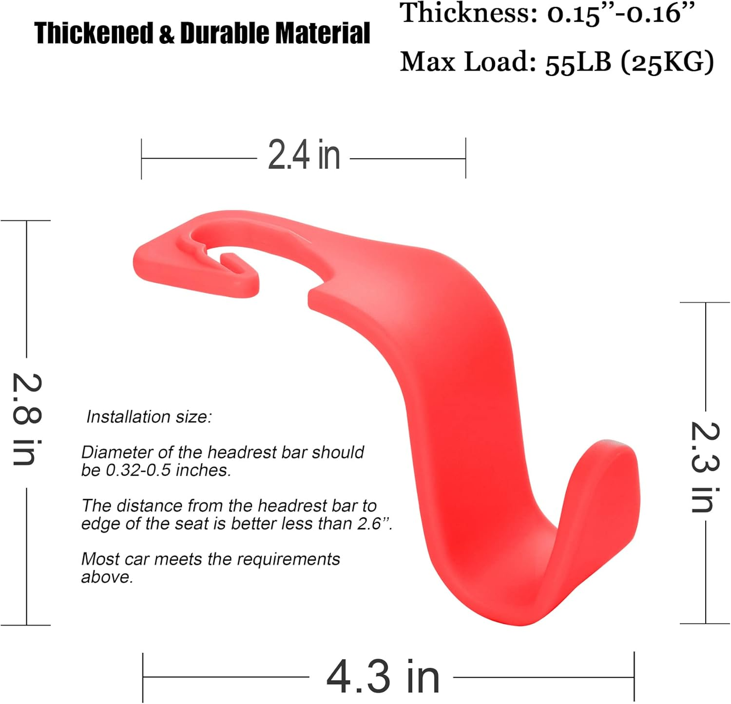 Amooca Car Seat Headrest Hook 4 Pack Hanger Storage Organizer Universal for Handbag Purse Coat Universal Fit Vehicle Car Red with Clip