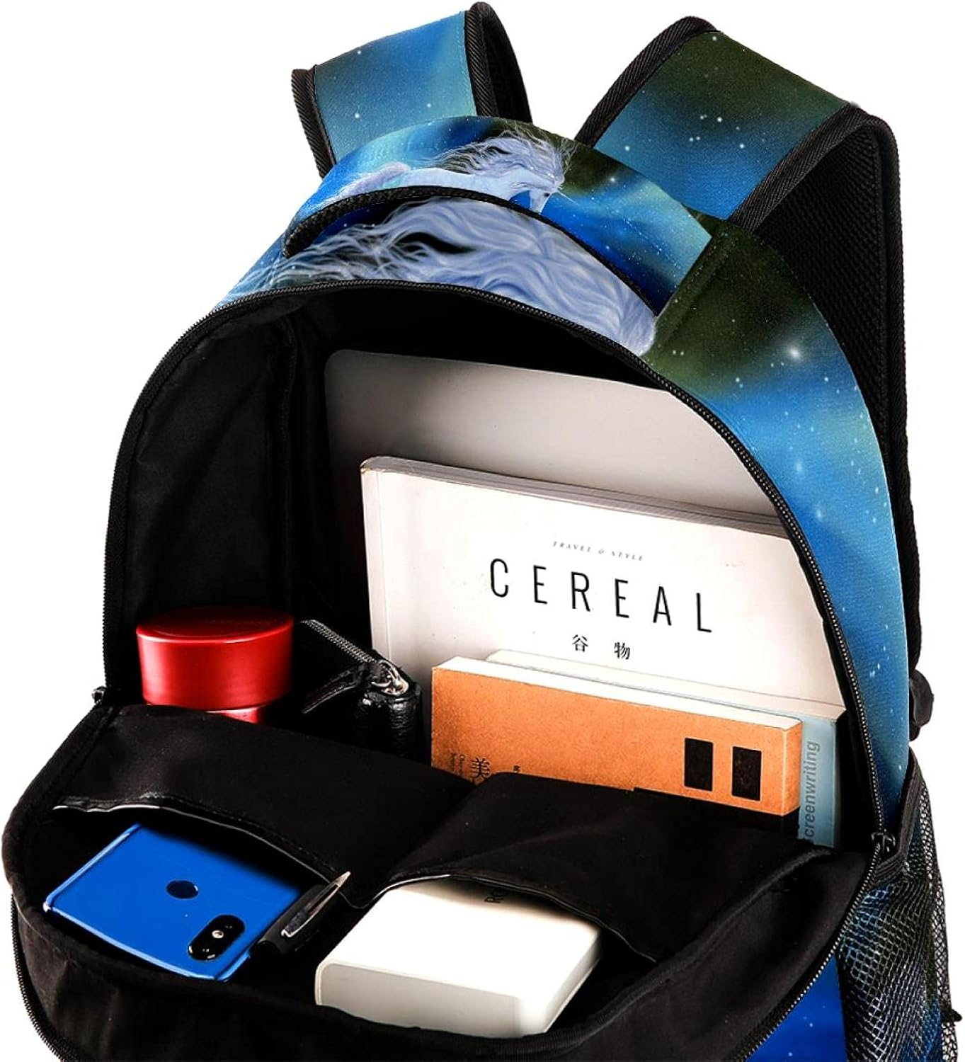 A White Magical Unicorn Flying through the Universe Backpack Students Shoulder Bags Travel Bag College School Tote Backpacks image number 2