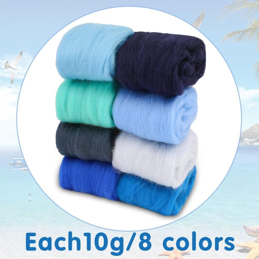 Needle Felting Wool 80 G, 8 Colors Nature Wool Roving,Wool Roving for Needle Felting, for DIY Craft Materials and Felting Wool Craftsmen, 10G/Color, Blue image number 6