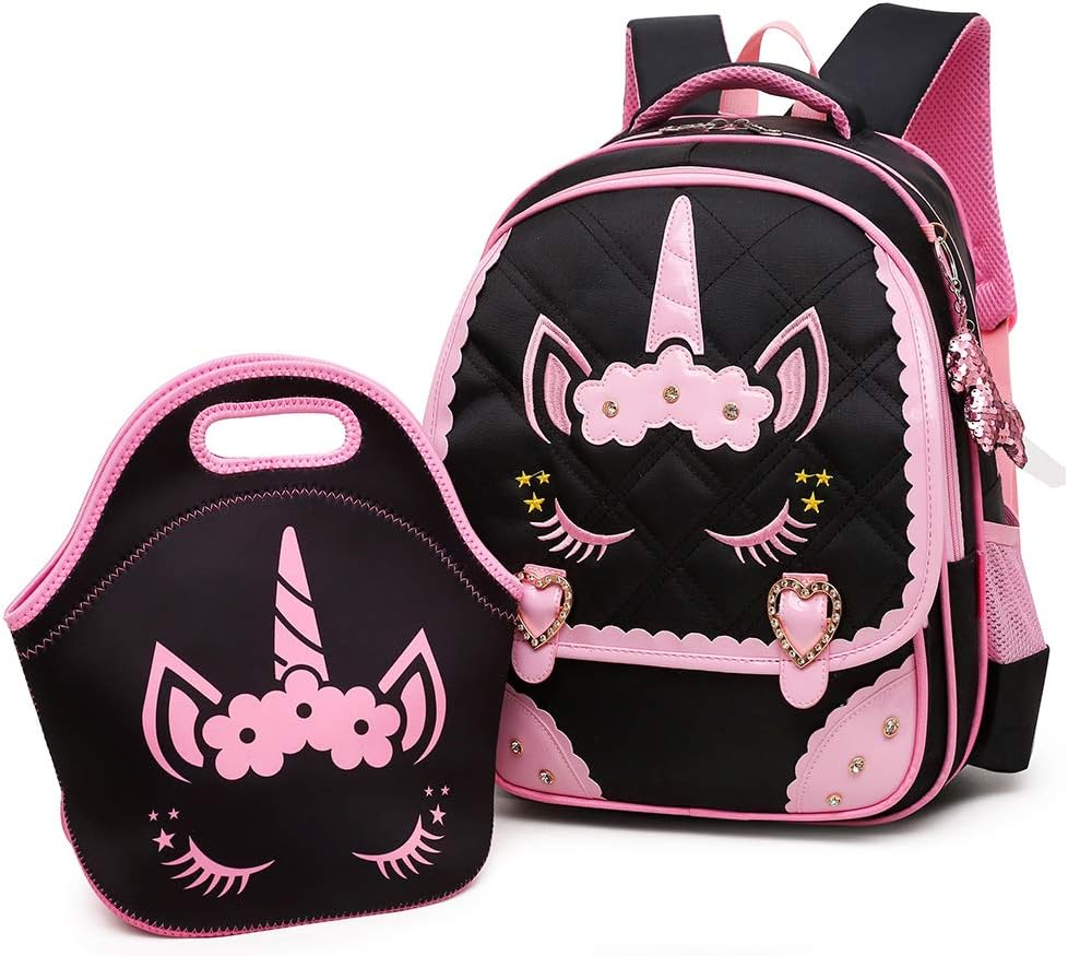 Moonmo Cute Unicorn Face Diamond Sequins Waterproof Princess School Backpack Set Girls Book Bag