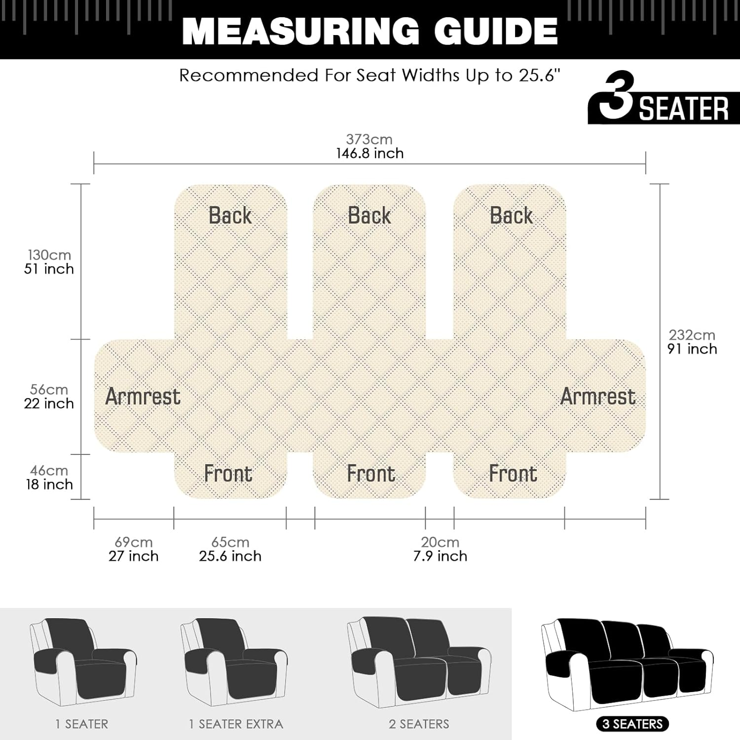 TAOCOCO Recliner Sofa Slipcover Couch Covers for 3 Cushion Couch, Pet Sofa Cover for 3 Seat Recliner Sofa, Washable Reclining Sofa Cover Furniture Protector with Elastic Straps(3 Seater, Black) image number 2