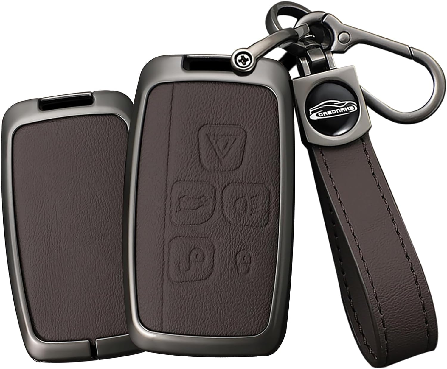 Leather Key Fob Cover with Keychain Metal Key Shell Cover Holder Fit for Evoque Velar Sport Discovery Freelander2 LR4 Sport Jaguar XF XJ XE F-PACE F-Type Smart Key Black