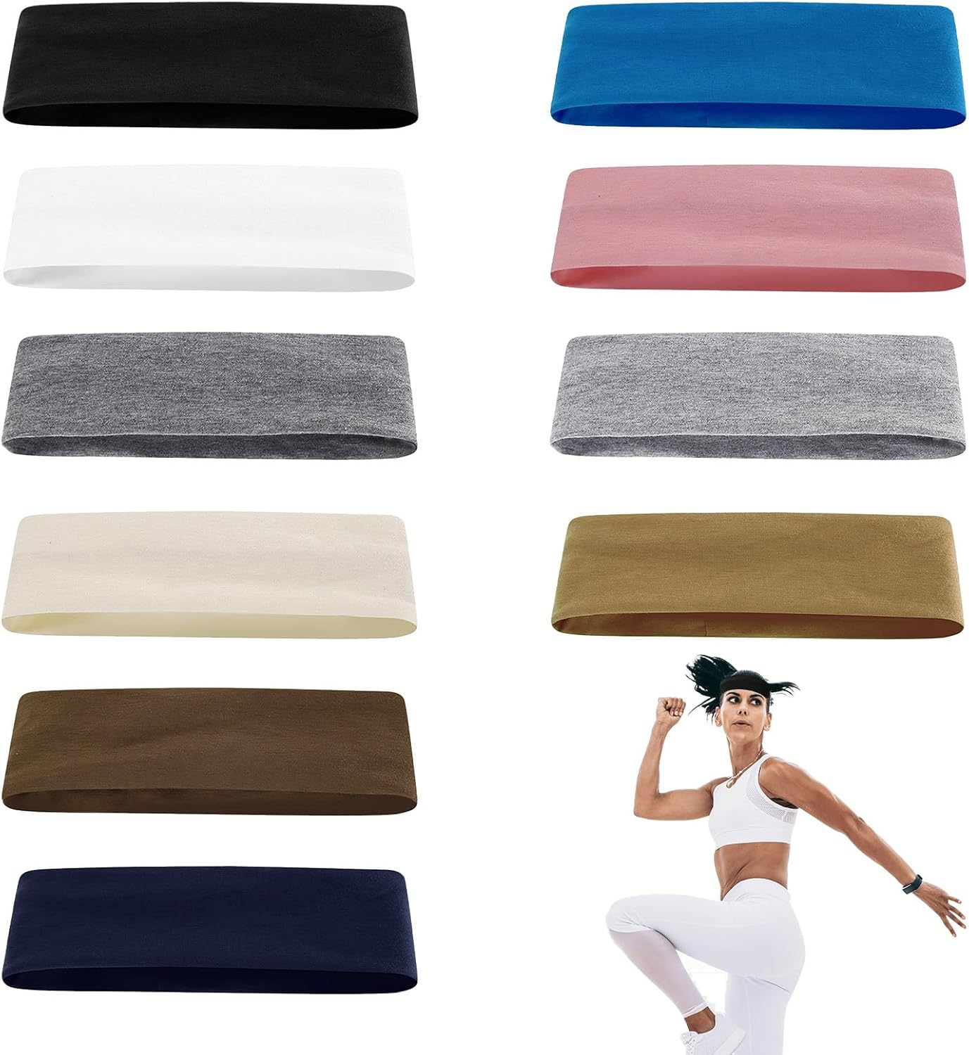 Women'S Headband Set of 10 Sports Hair Bands - Elastic Non-Slip Cotton Headband for Yoga Fitness in 10 Colours image number 4