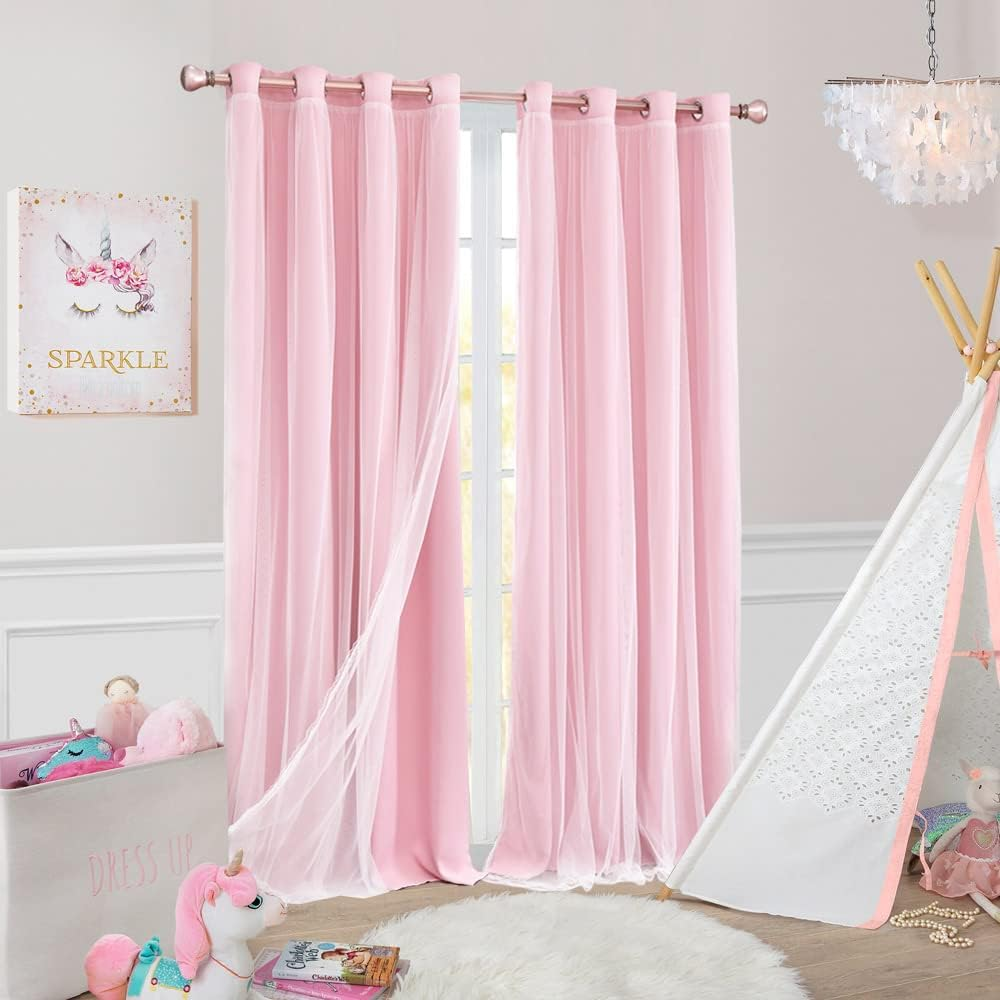 SOFJAGETQ Short Pink Curtains 63 Inch Long- Blackout Curtains with Voile Sheer Drapes Thermal Pink Window Treatments with Tie-Backs for Kids/Girls Bedroom Nursery Living Room, Elegant, 2 Panels
