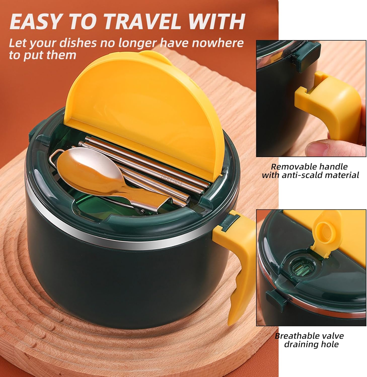 Stainless Steel Ramen Bowl with Lid, Handles, and Foldable Spoon - BPA Free, Dishwasher Safe, Portable Rapid Cooker for Instant Noodles (Not Microwave Safe) image number 5