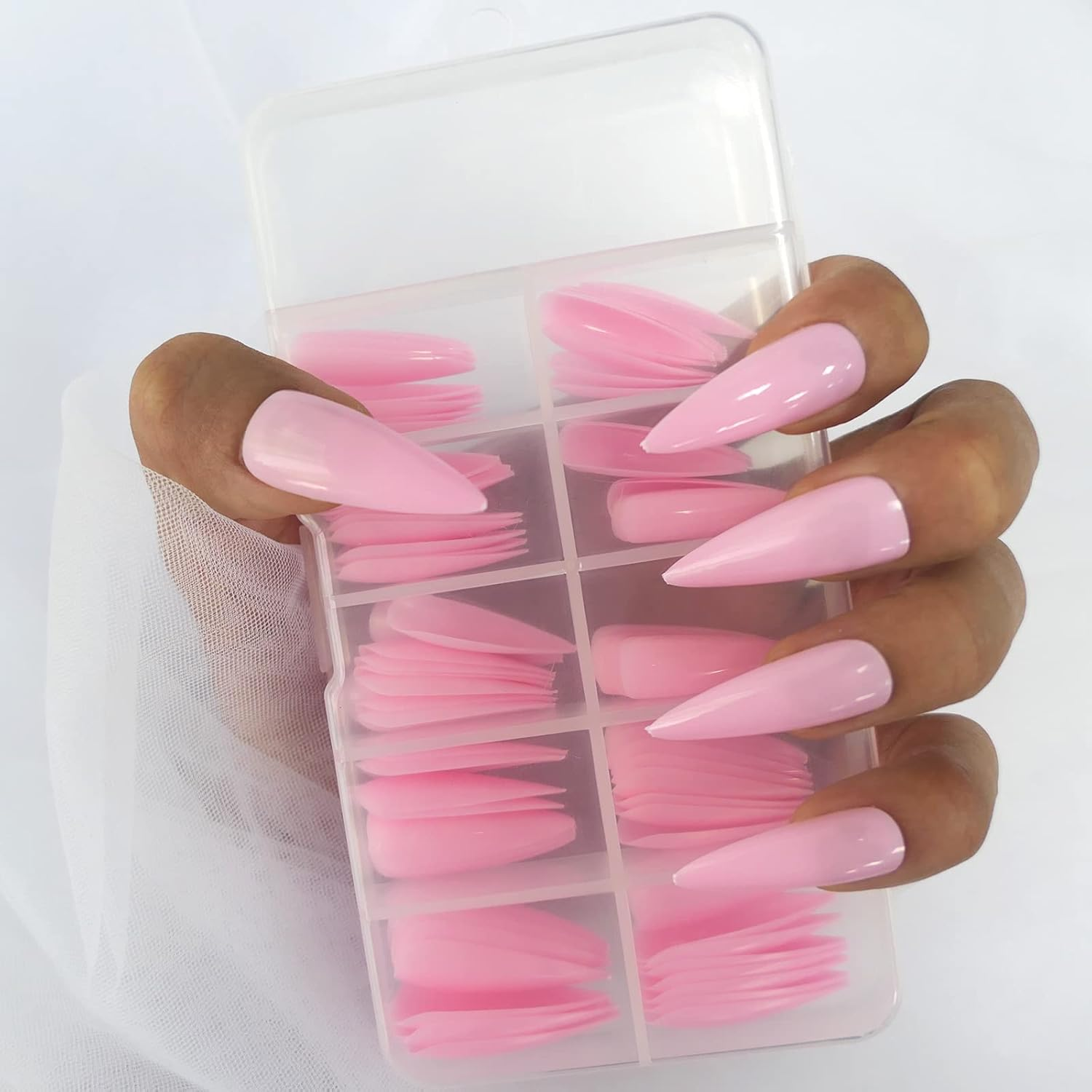 Medium Long Press on Nails,Glossy Fake Nail 100Pc Full Cover Acrylic Long Stiletto False Nail Art Tips Fingernails for Beginner Women and Girls Manicure(Peach Pink） image number 2