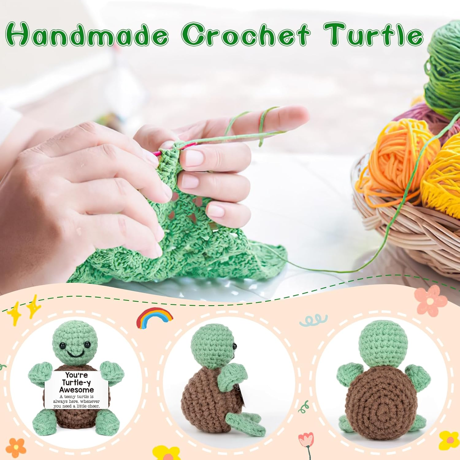 Handmade Mini Crochet Turtle Plush - Australian Wool Stress Relief Companion with Inspirational Card | Birthday, Mother'S Day, Cute Desk Decor for Kids, Adults(6X9Cm) (You Are Turtle-Y Awesome) image number 3