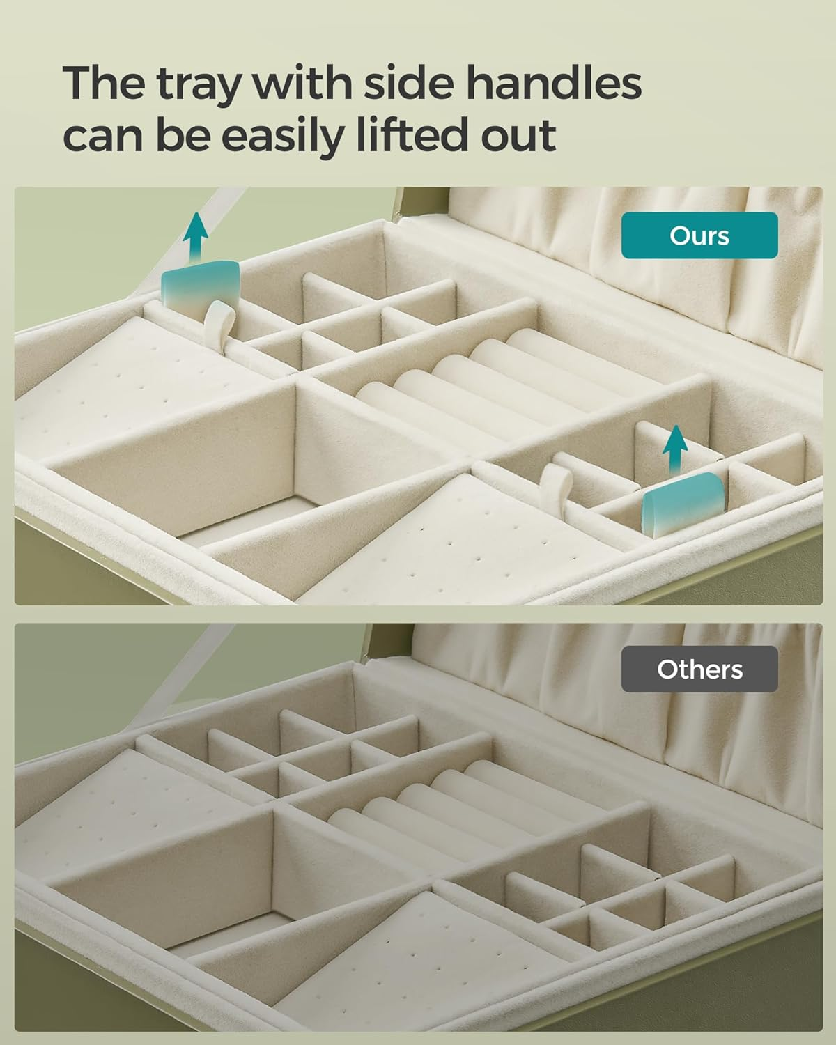 SONGMICS 2-Layer Jewelry Box, Jewelry Organizer with Handle, Removable Jewelry Tray, Jewelry Storage, Floating Effect, 20.5 X 24 X 11 Cm, Gift Idea, Laurel Green JBC165C02 image number 2